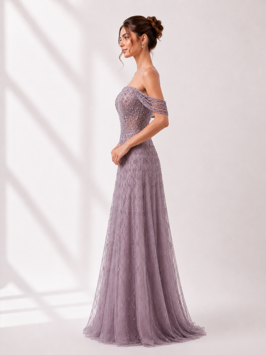 Strapless Embroidered Tulle Gown with Organza Drape