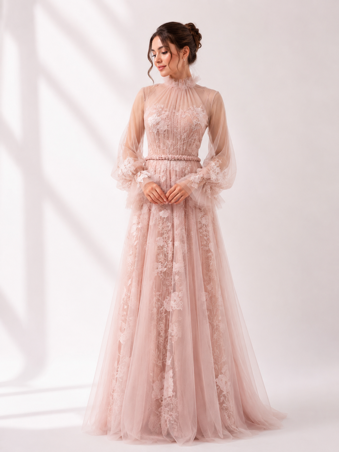 Gathered Tulle Off-Shoulder Gown with Braided Belt