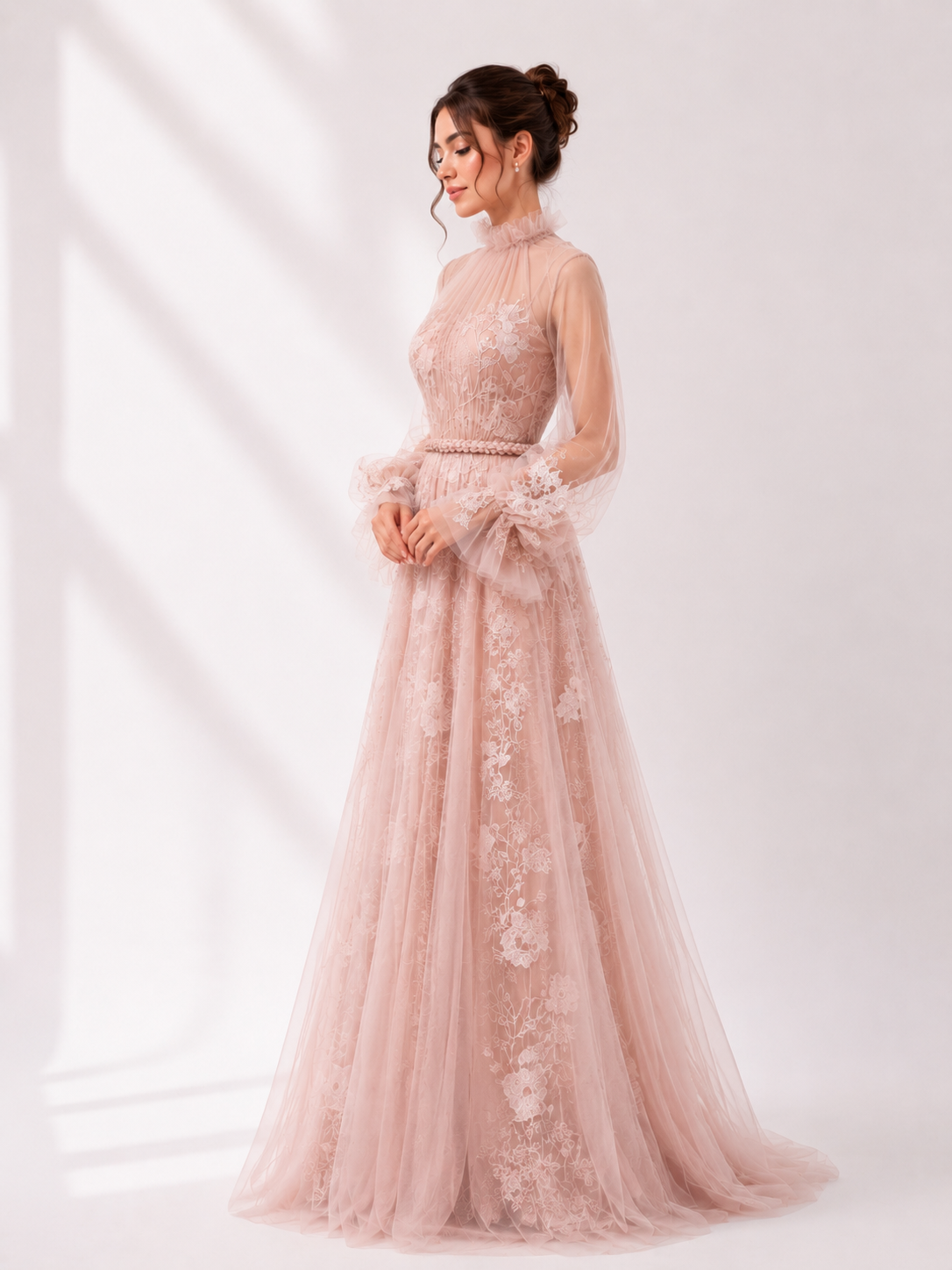 Gathered Tulle Off-Shoulder Gown with Braided Belt
