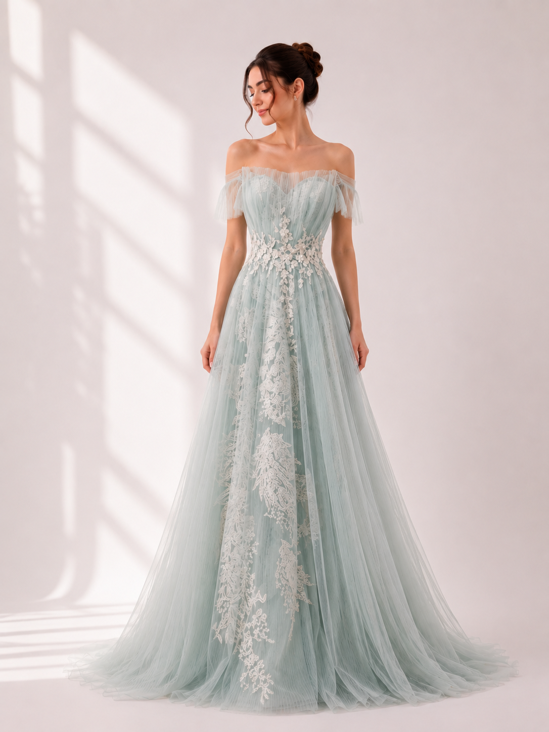Off-Shoulder A-Line Gown with Pleated Tulle