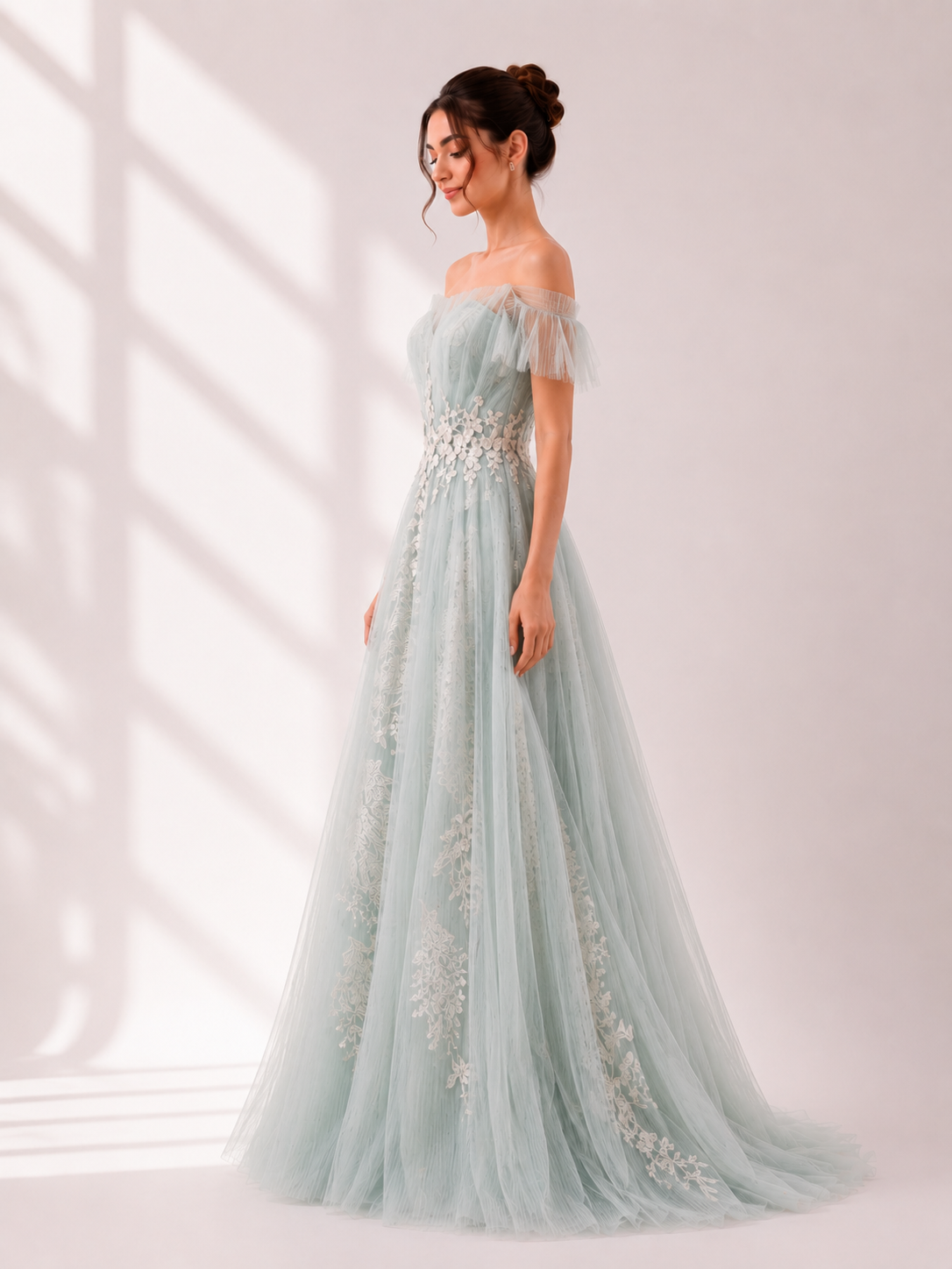 Off-Shoulder A-Line Gown with Pleated Tulle