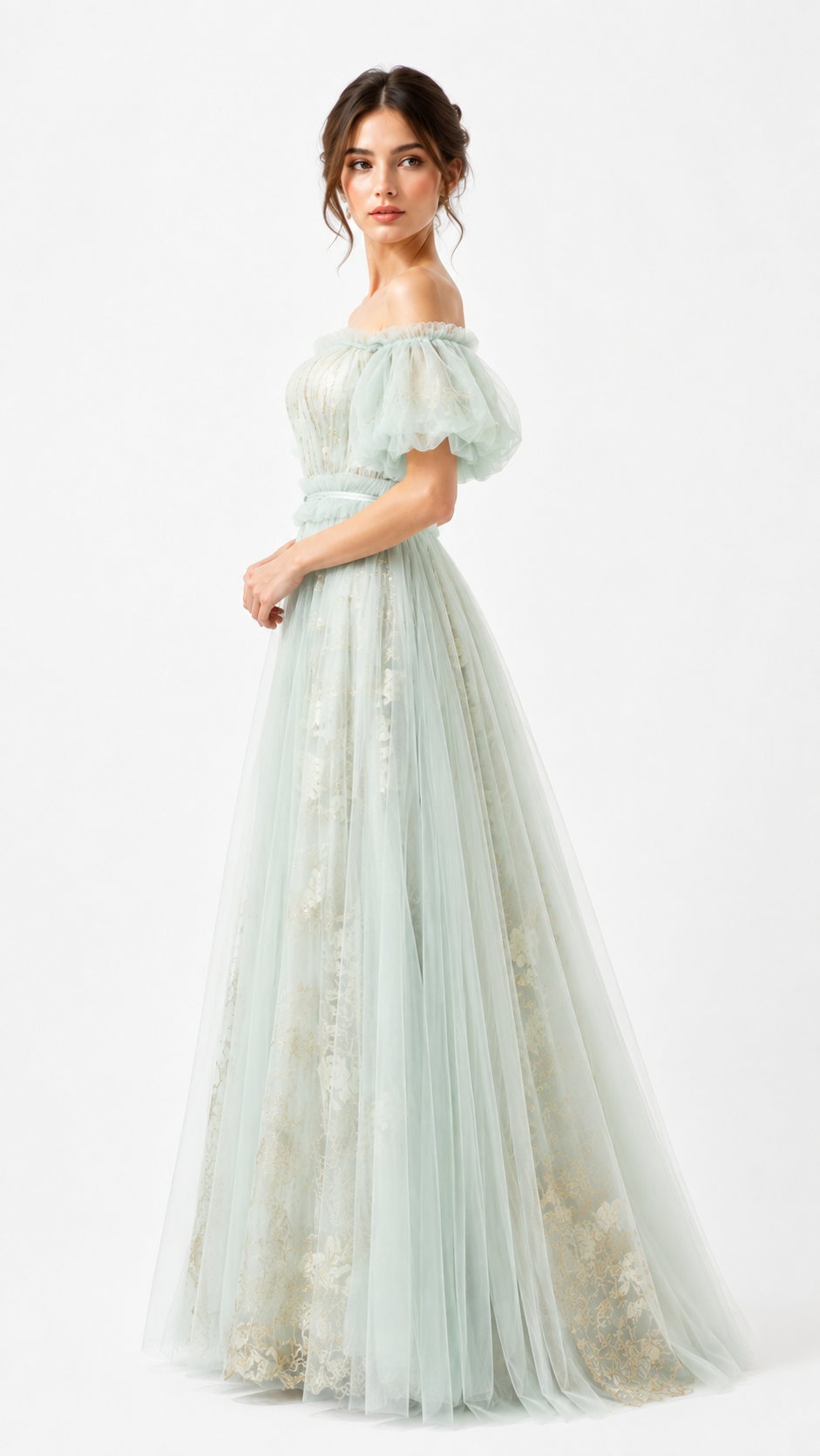 Gathered Tulle Off-Shoulder Gown with Braided Belt