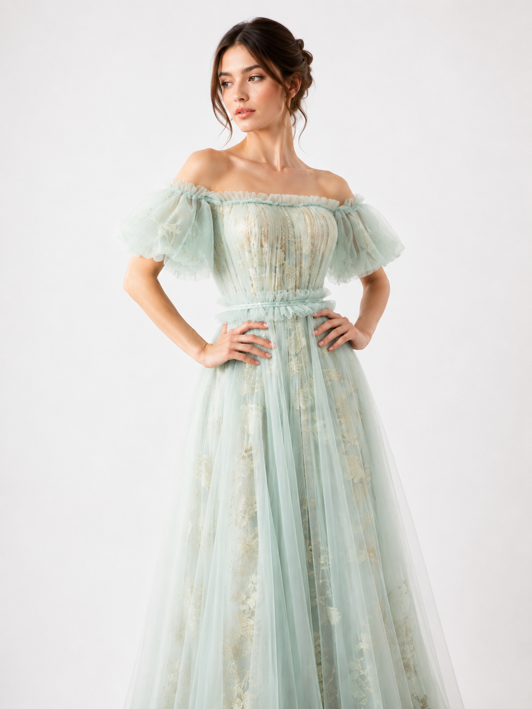 Gathered Tulle Off-Shoulder Gown with Braided Belt
