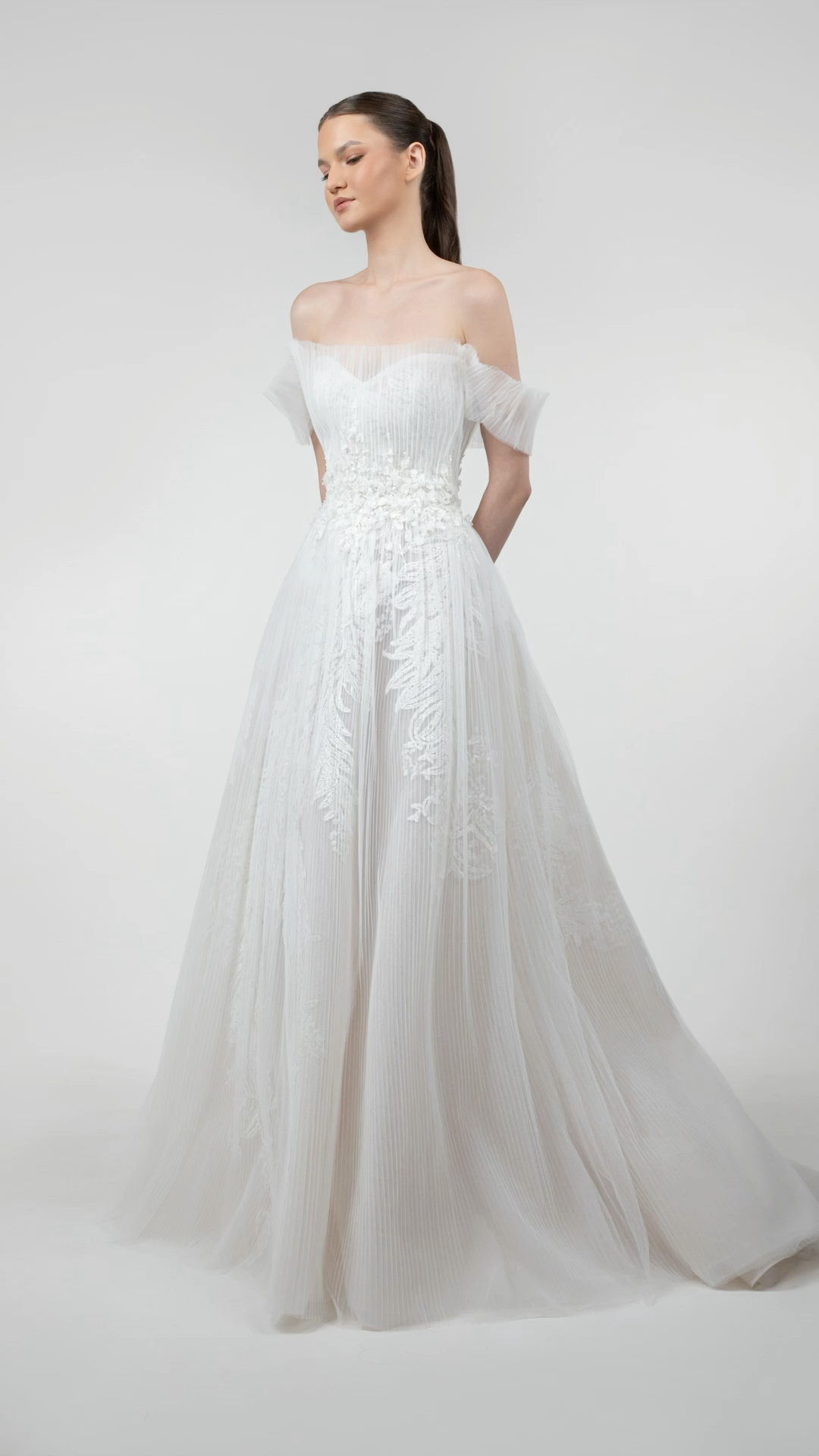 Off-Shoulder A-Line Gown with Pleated Tulle
