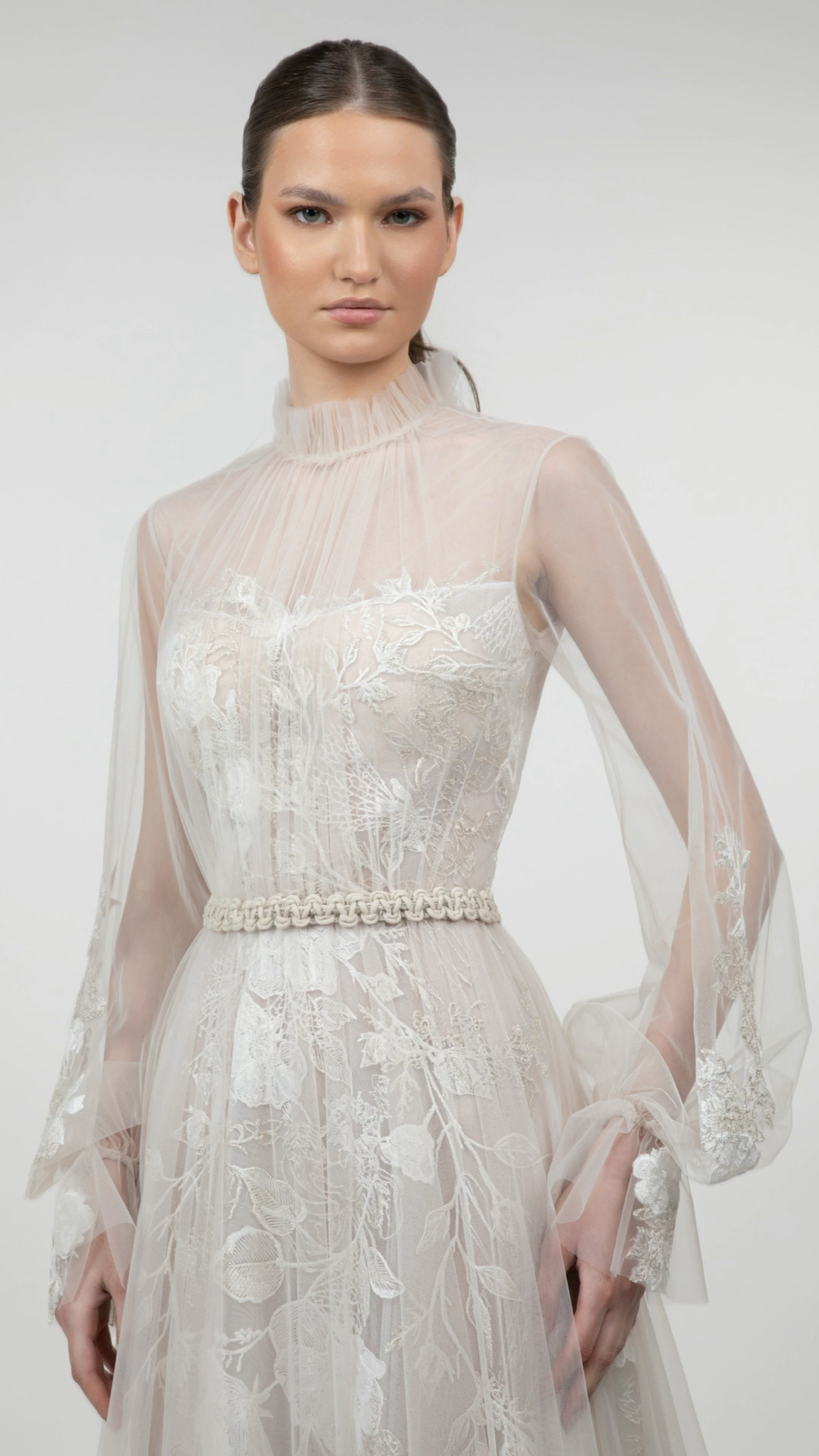 High-Neck Pleated Tulle Embroidered Gown