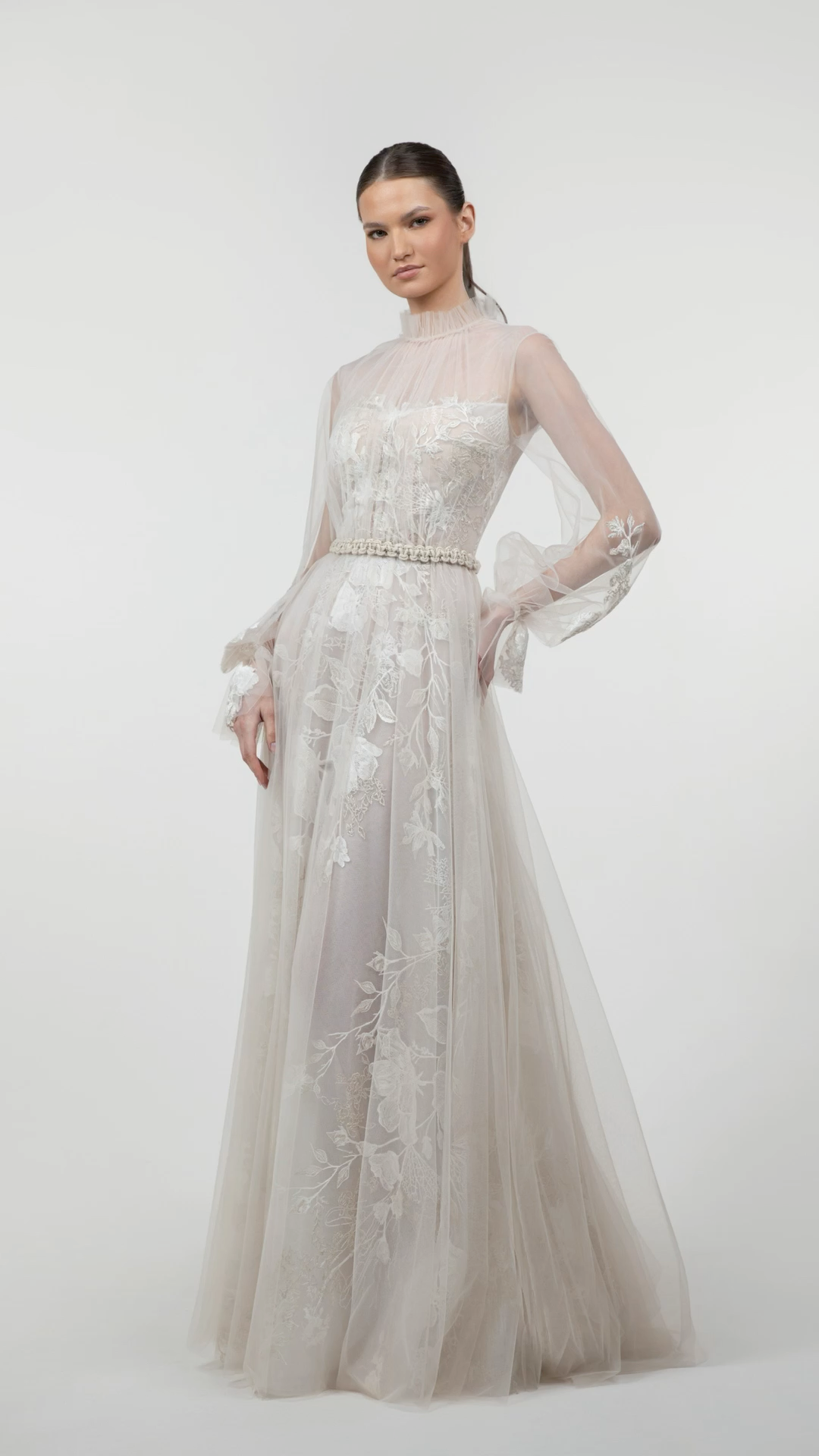 High-Neck Pleated Tulle Embroidered Gown