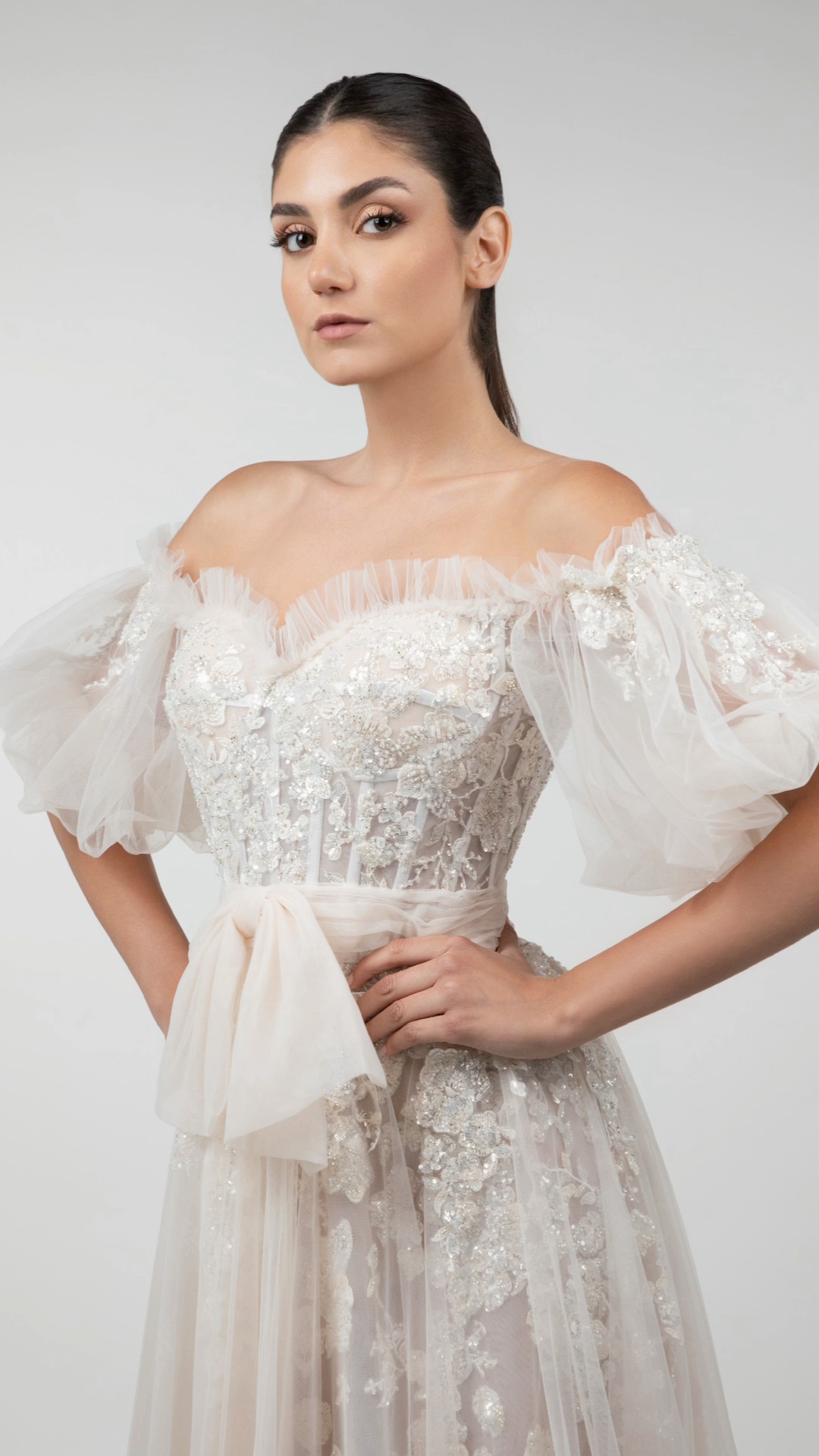 Embroidered Tulle Off-Shoulder Gown