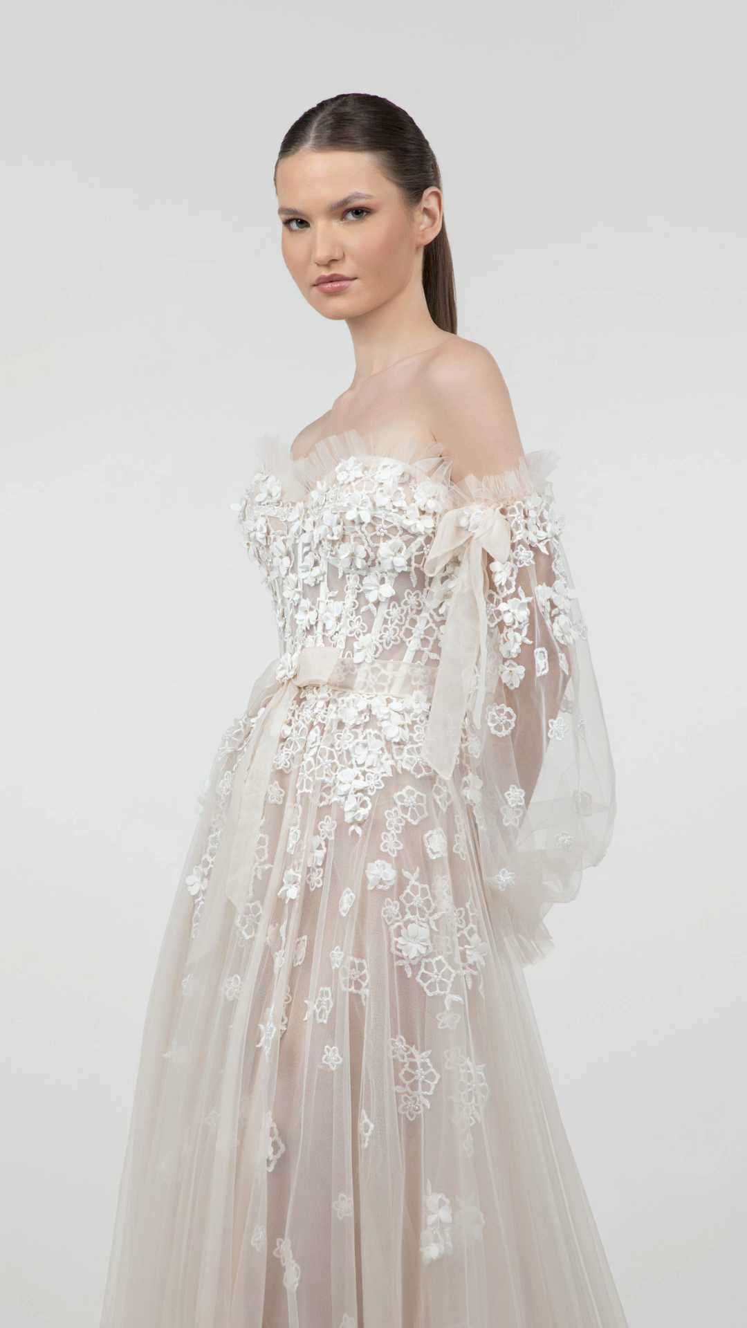 Off-Shoulder Embroidered Tulle Gown with Detachable Sleeves
