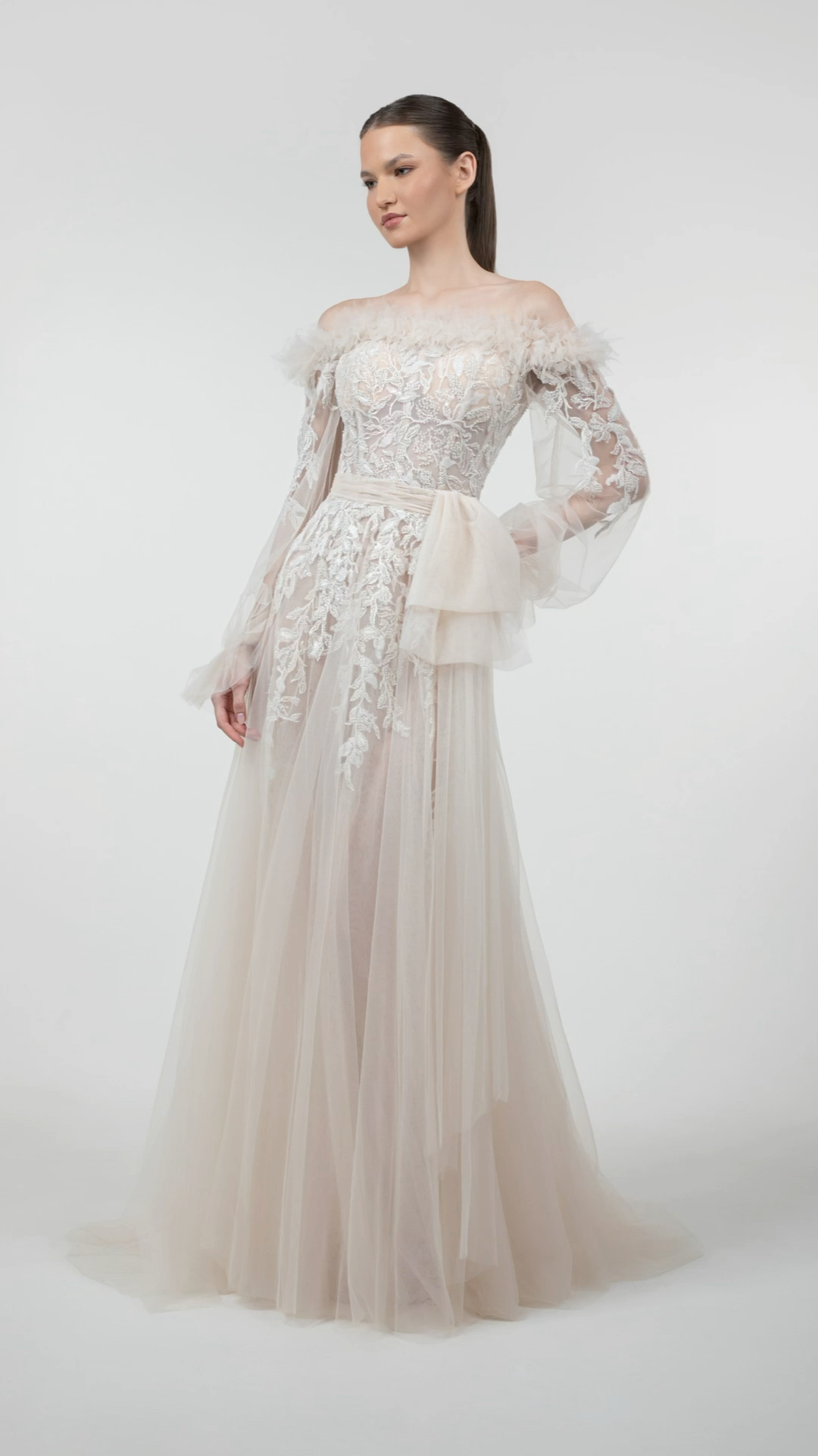 Off-Shoulder Puffy Sleeve Gown with Leaf Embroidery