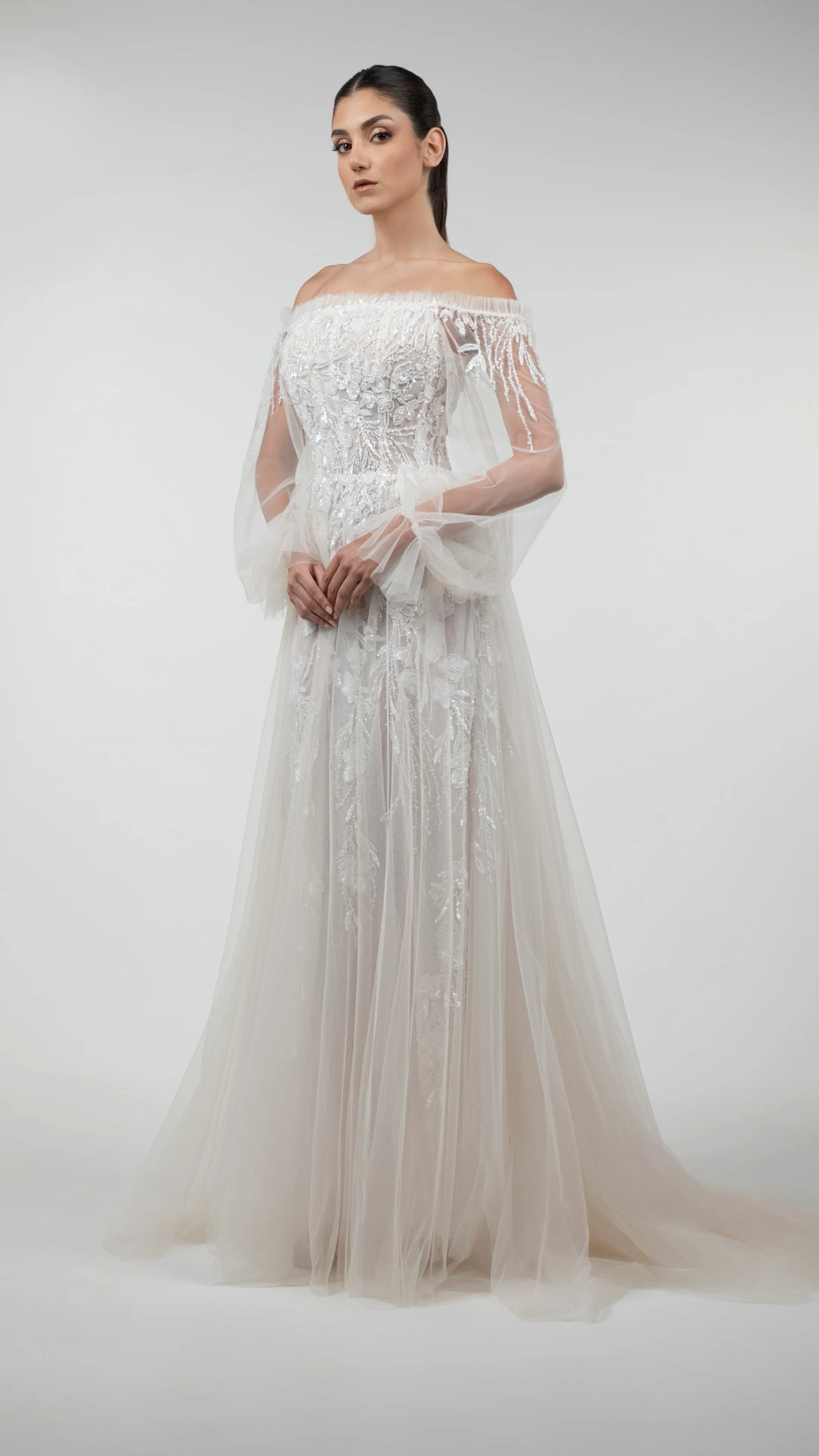 Off-Shoulder Puffy Sleeve Gown with Ruffled Chest