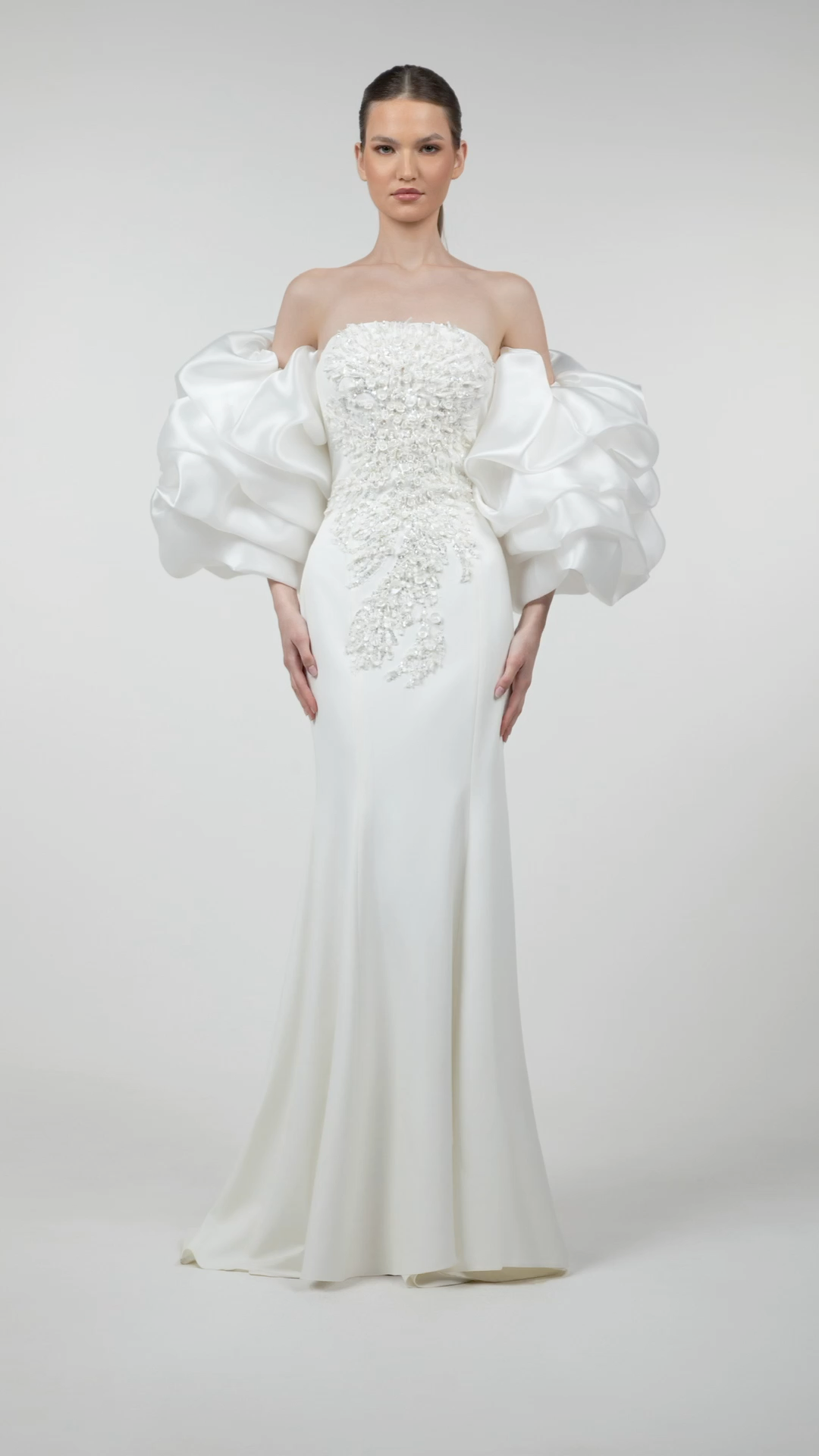 Strapless Crepe Mermaid Gown with Organza Bolero – Bilal El Dana