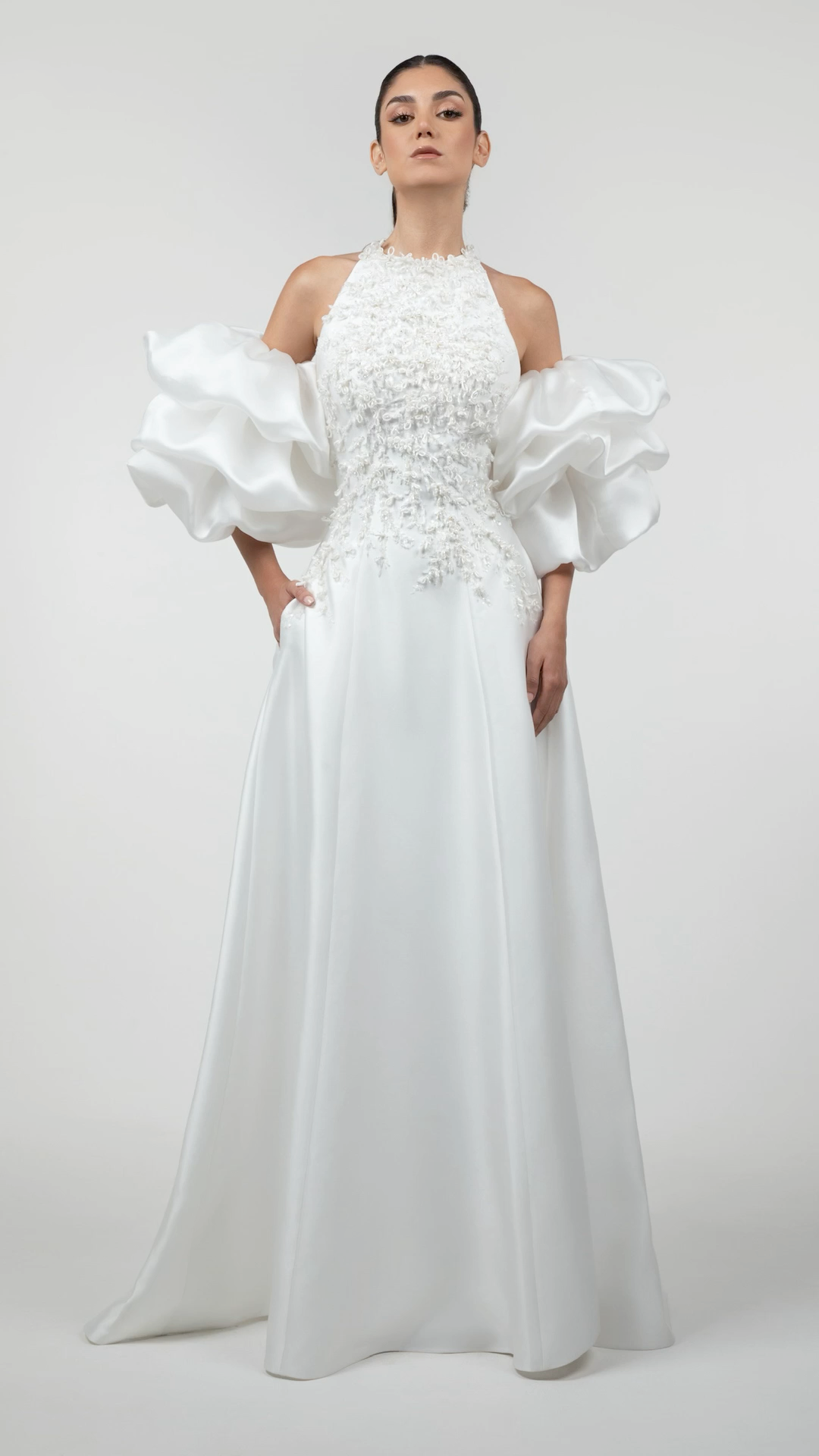 High-Neck Mikado A-Line Gown
