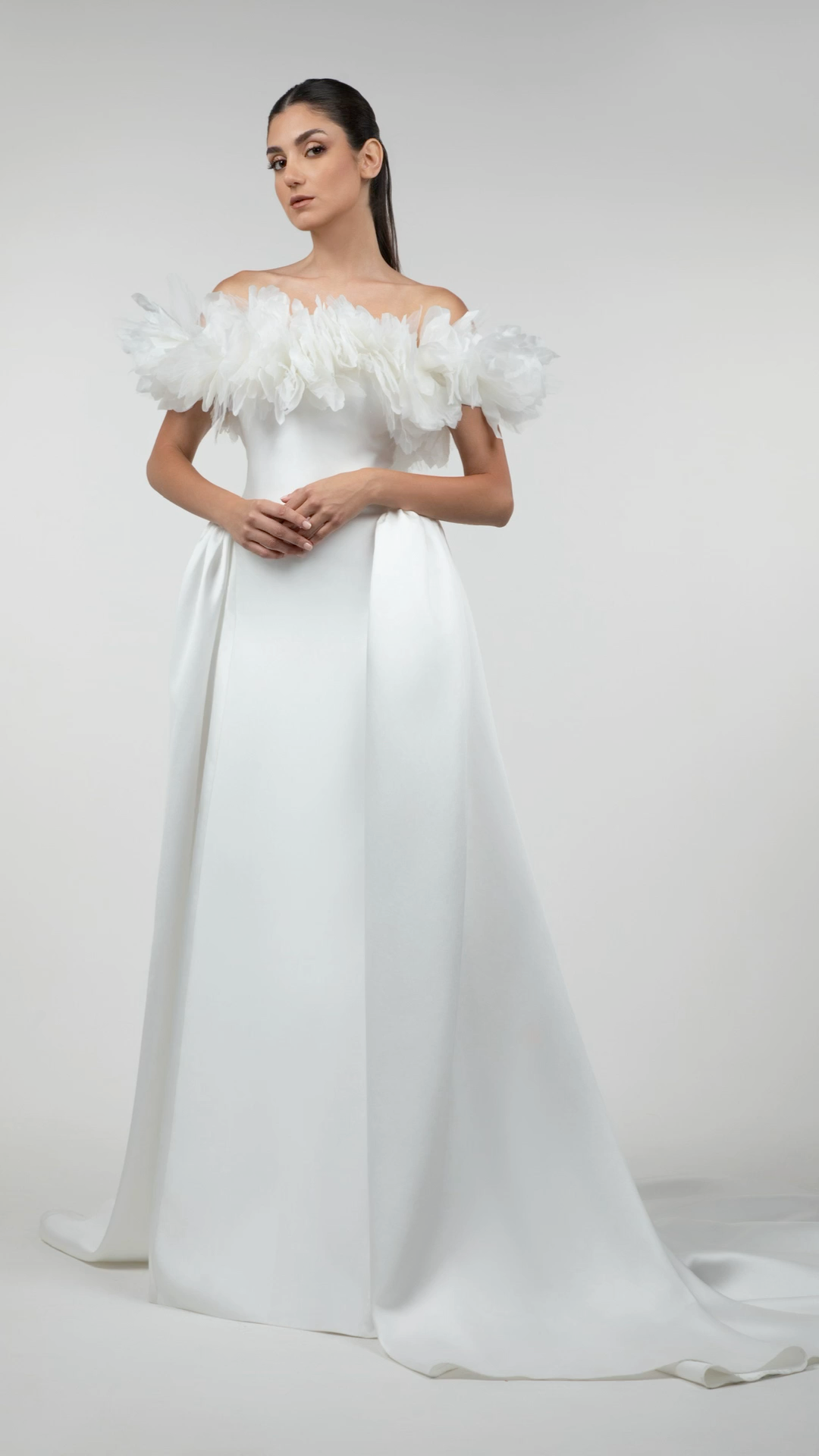 Mikado Off-Shoulder Gown with Organza Ruffles