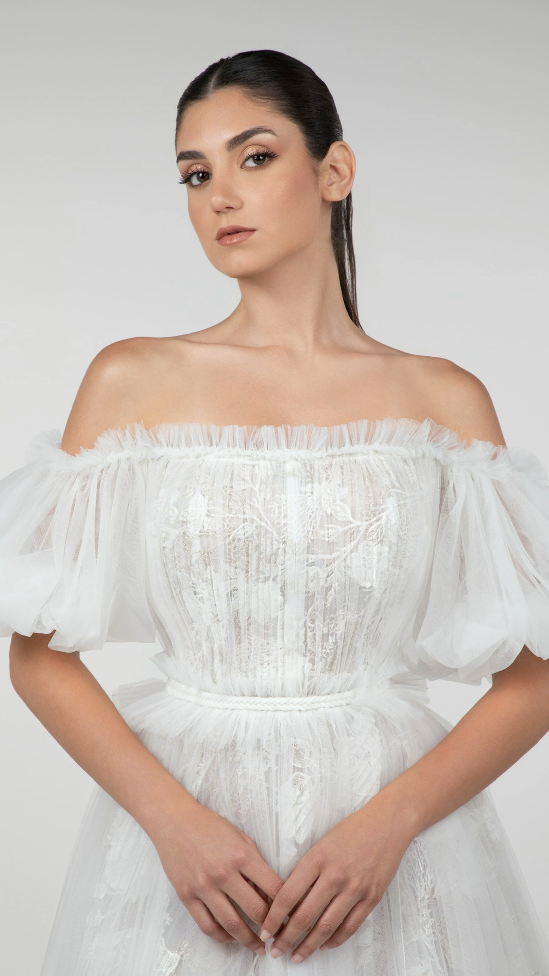Gathered Tulle Off-Shoulder Gown with Braided Belt