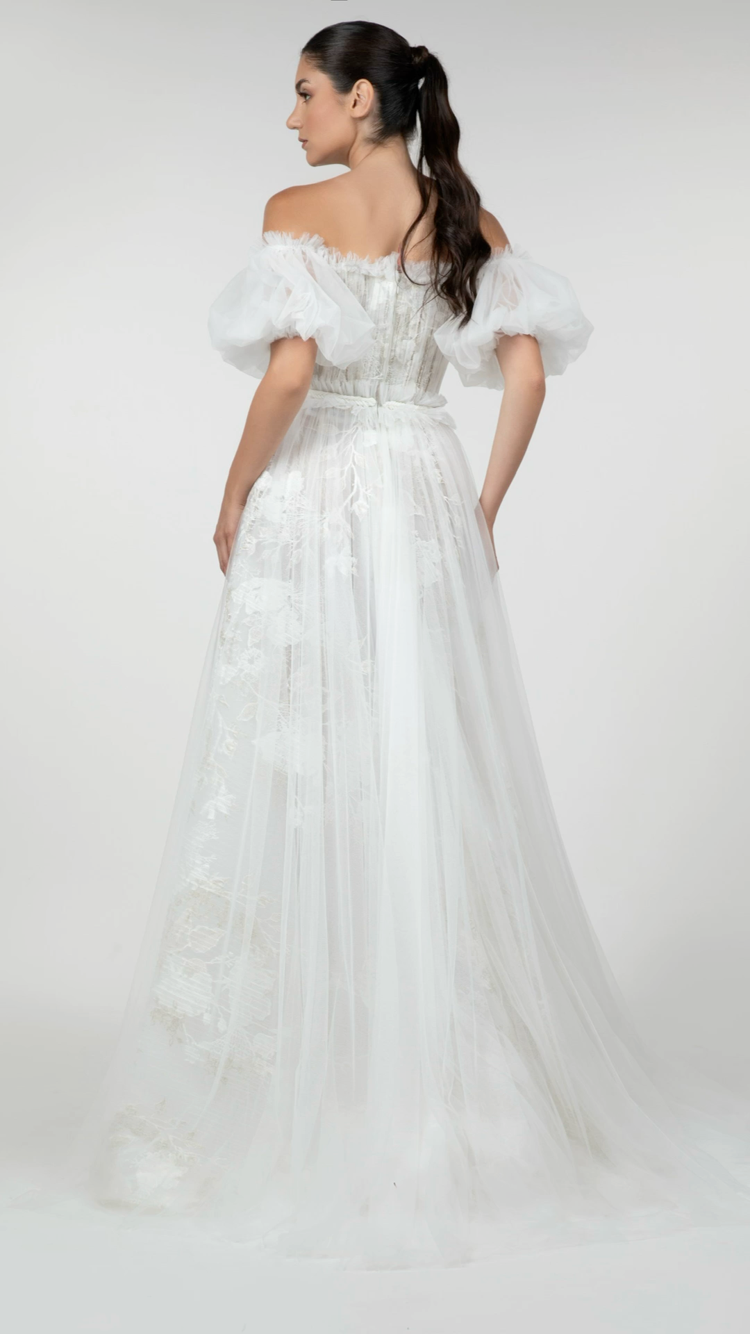 Gathered Tulle Off-Shoulder Gown with Braided Belt – Bilal El Dana