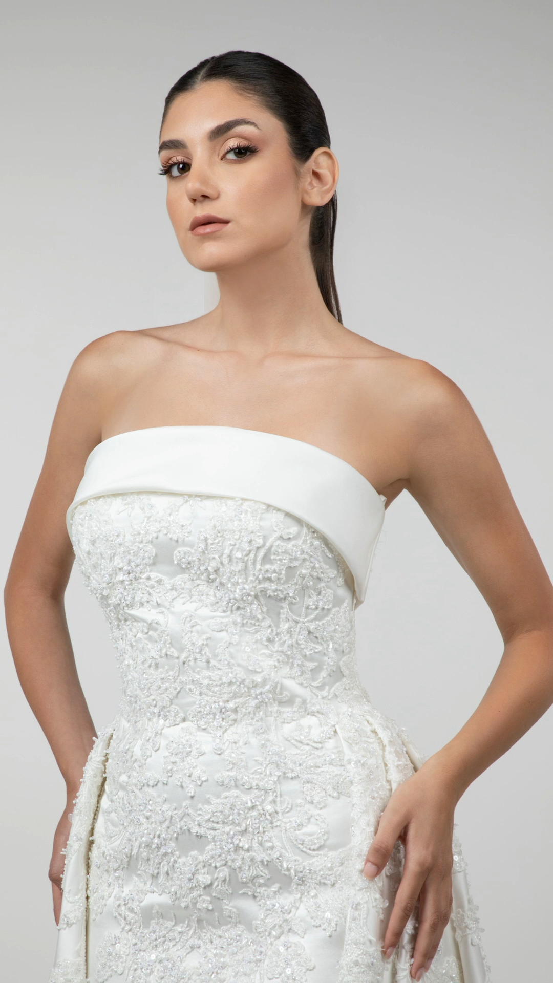 Strapless Satin Gown with Folded Bust & Overskirt