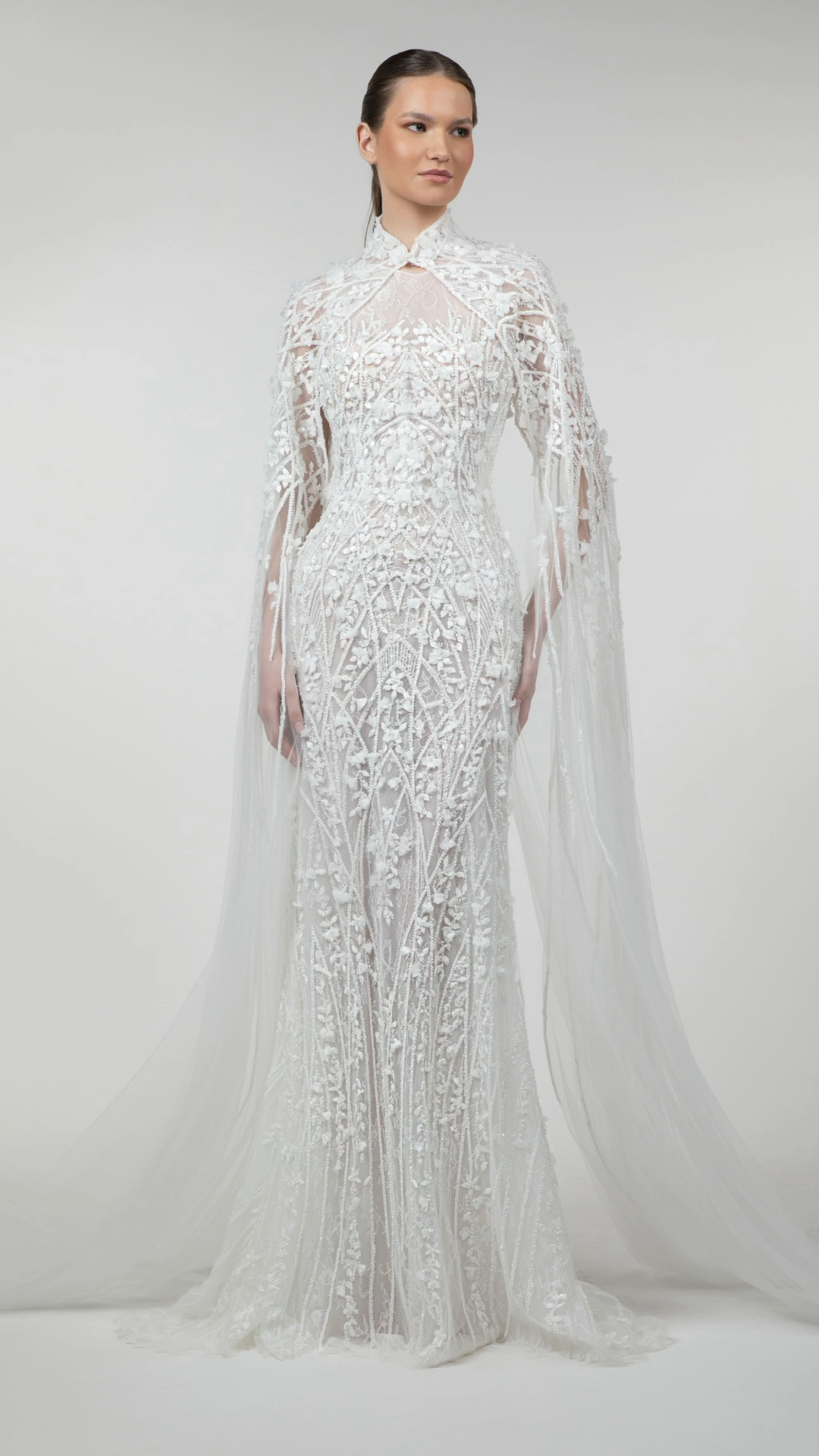 Embroidered Mermaid Gown with Cape Sleeves