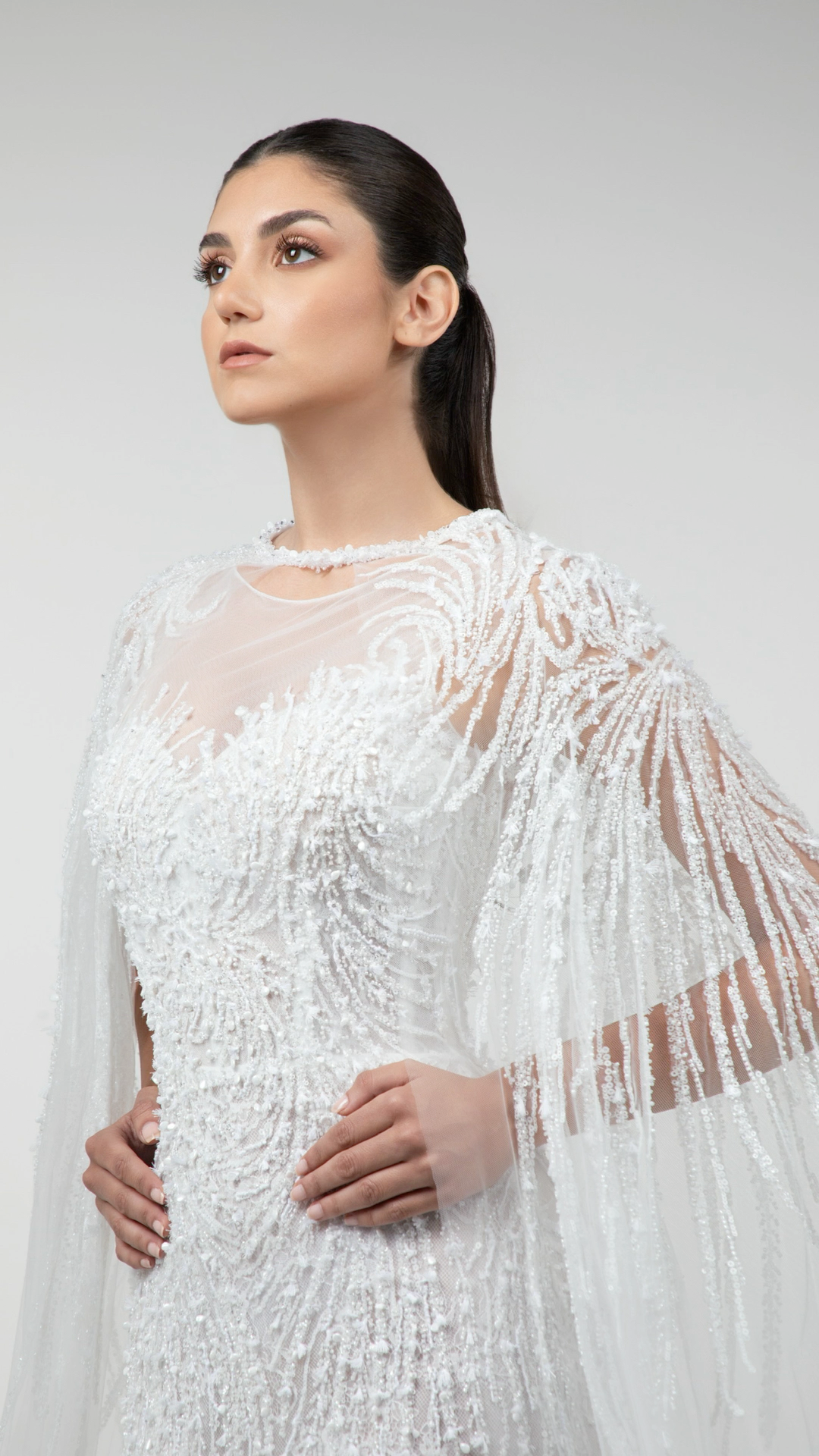 Embroidered Mermaid Gown with Tulle Cape