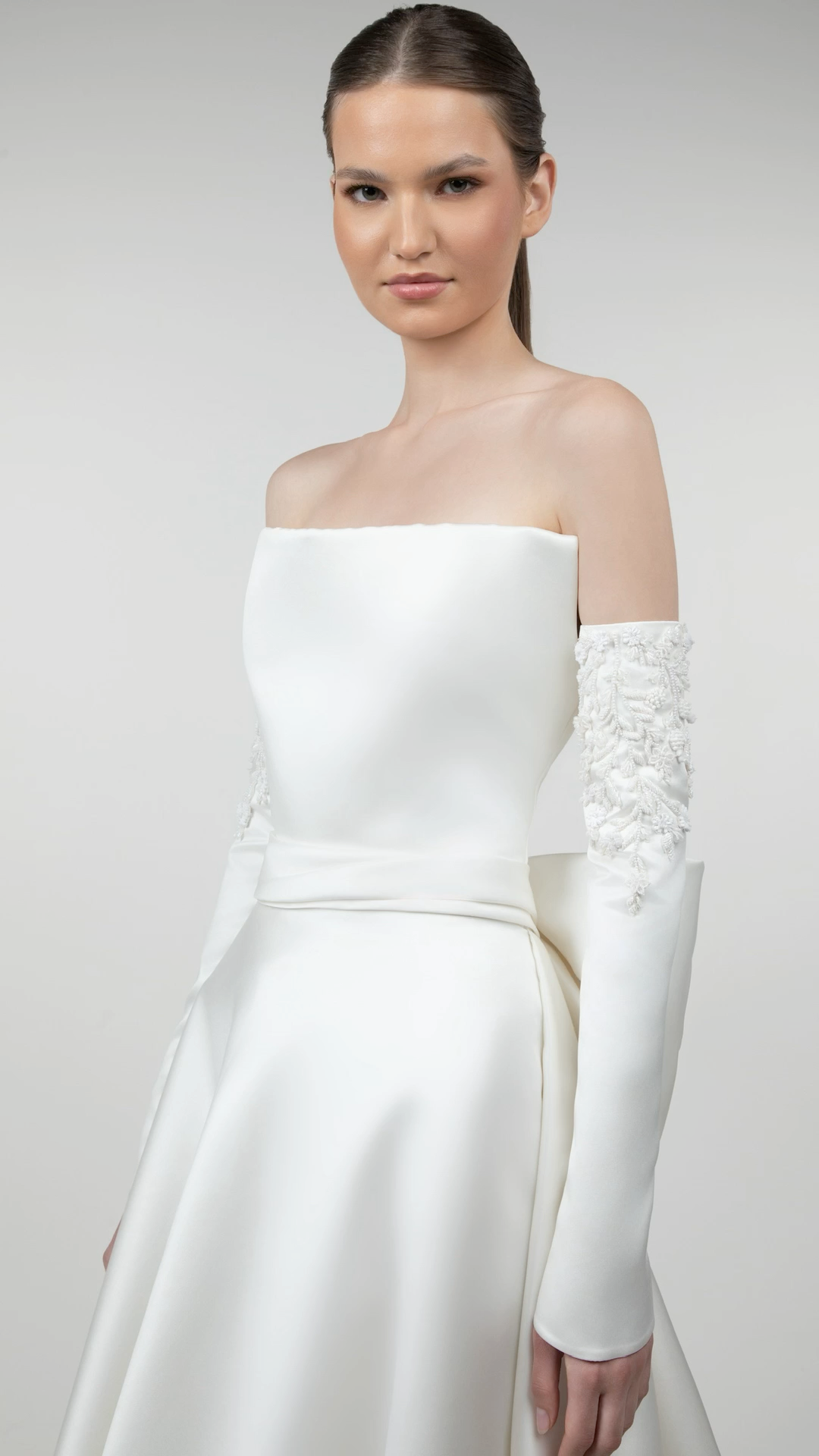 Strapless Satin Mini-Princess Gown with Ribbon