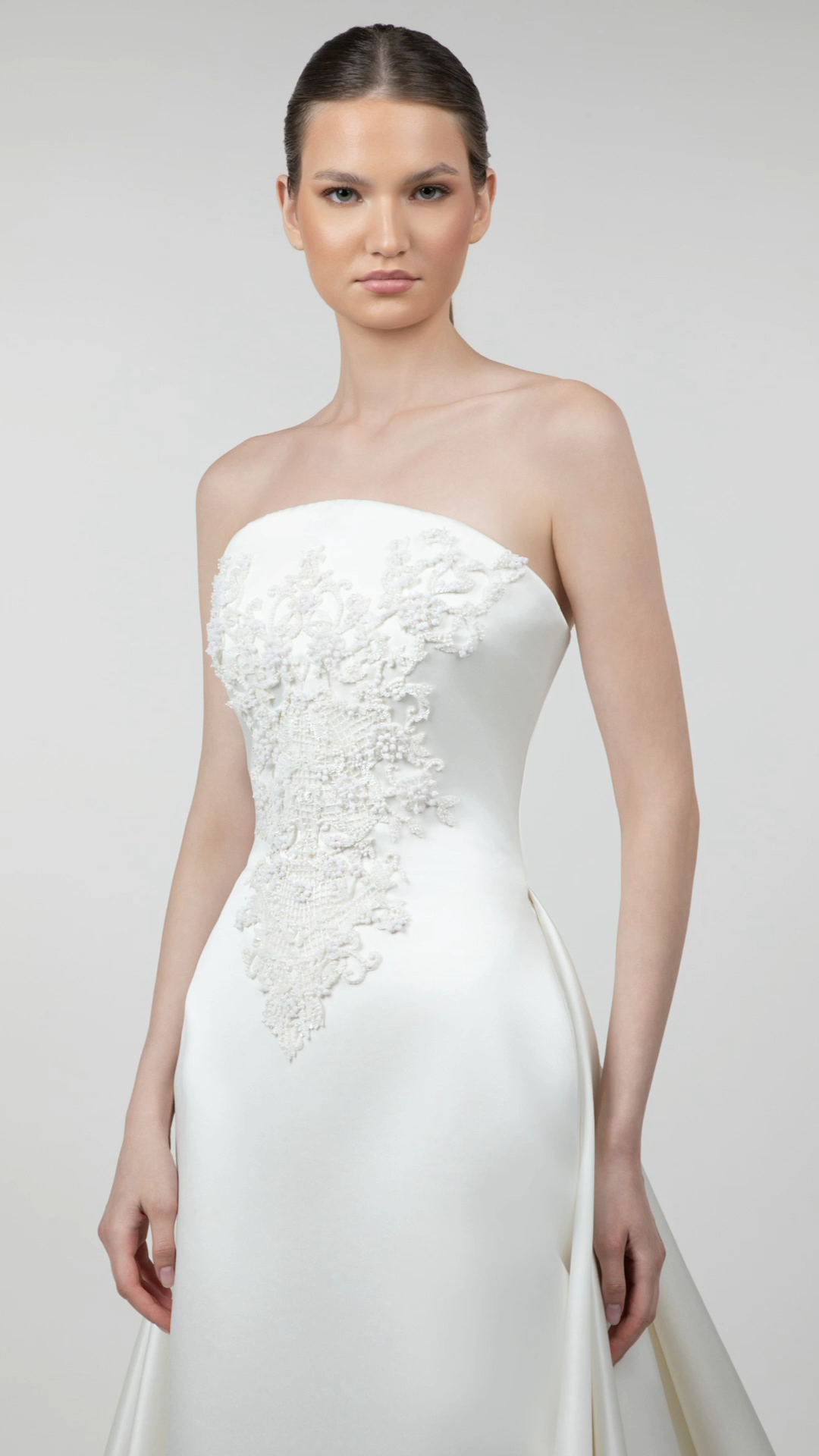 Strapless Satin Gown with Pleated Back