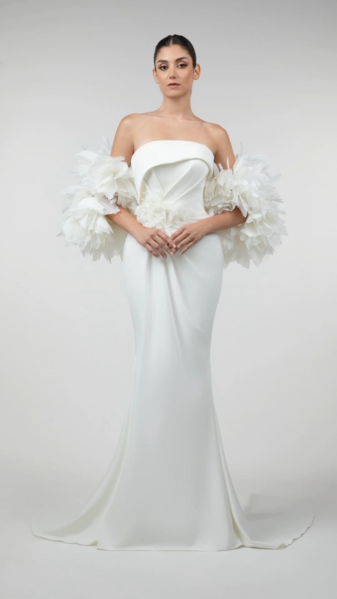 Crepe Mermaid Gown with Organza Laser-Cut Bolero