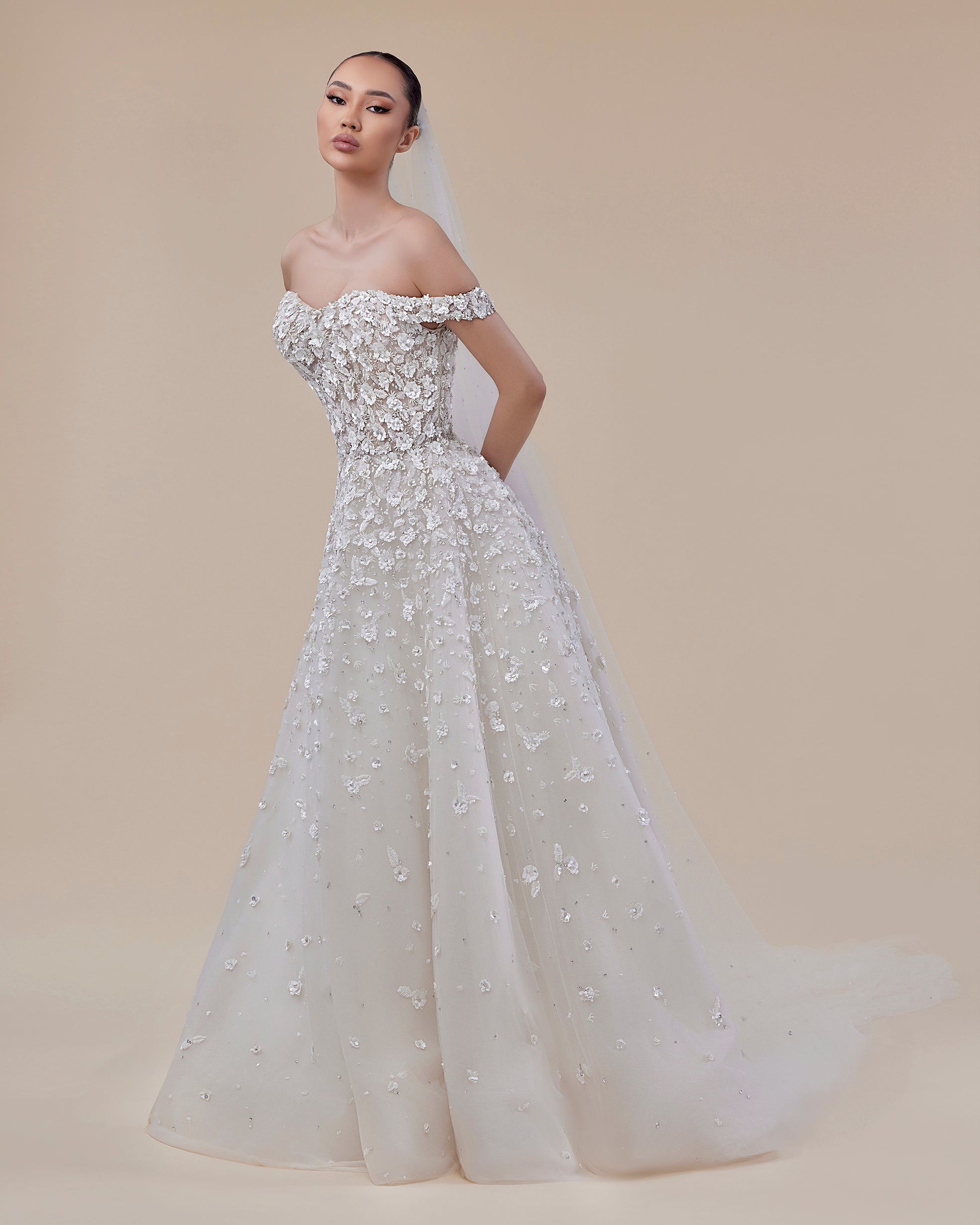 A-Line Sweetheart Off-Shoulder Bridal Gown with 3D Florals