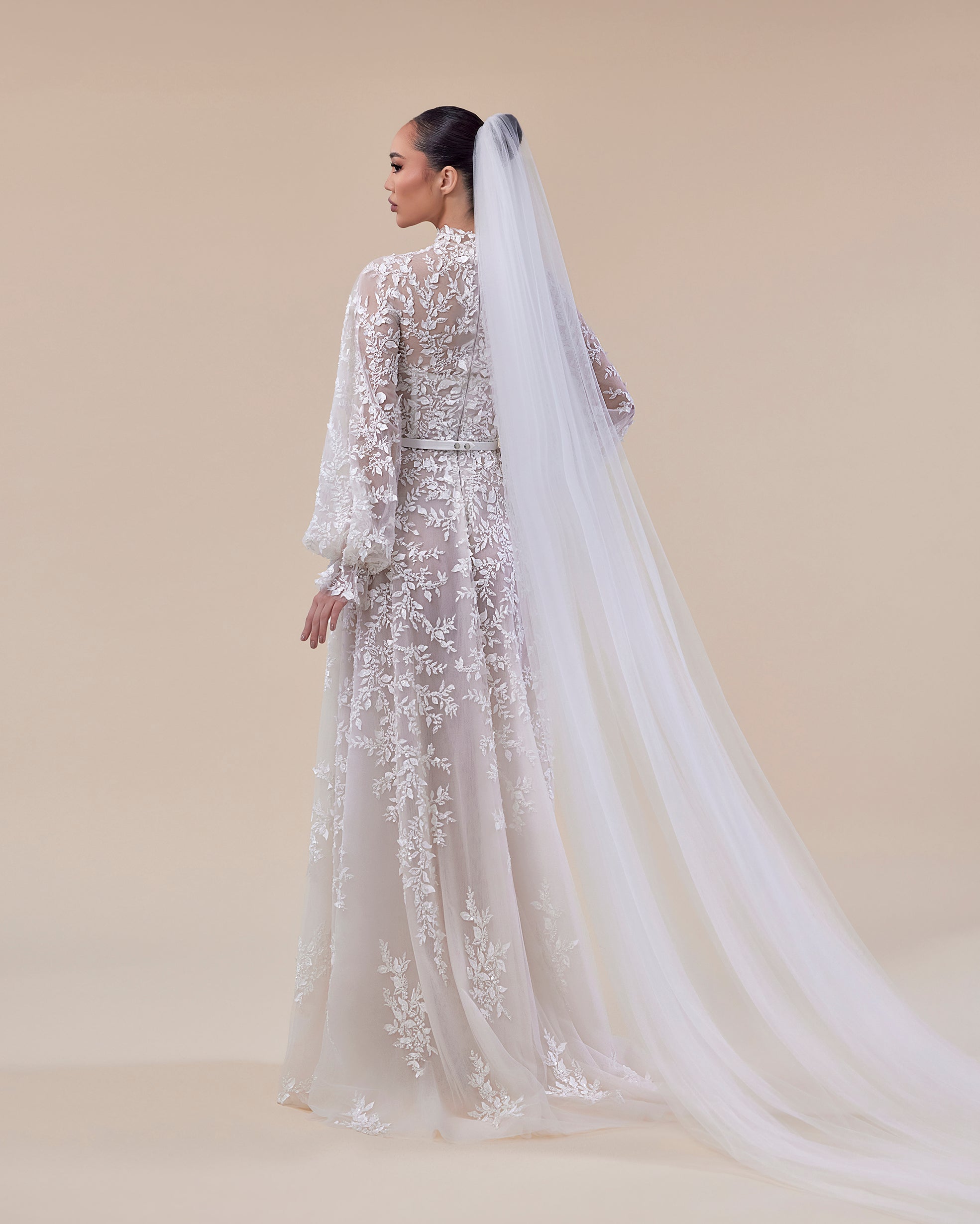 High-Neck A-Line Bridal Gown with Voluminous Sleeves