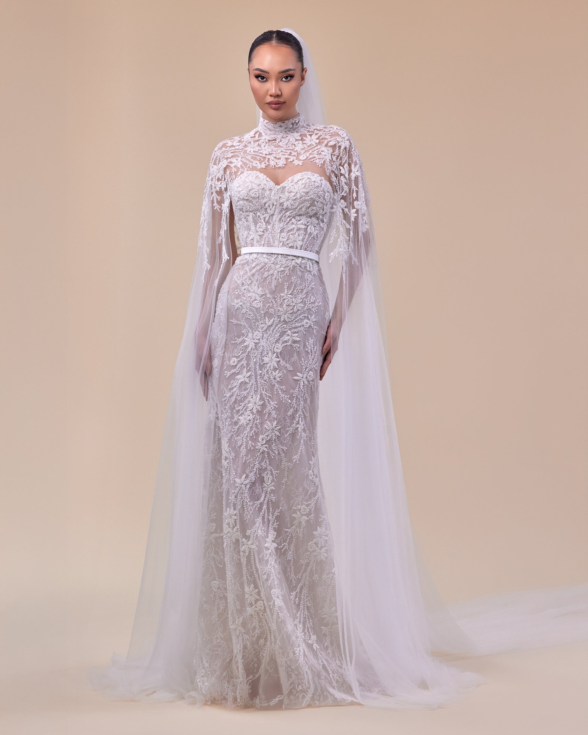 Embroidered Mermaid Bridal Gown with Lace and Tulle Layers