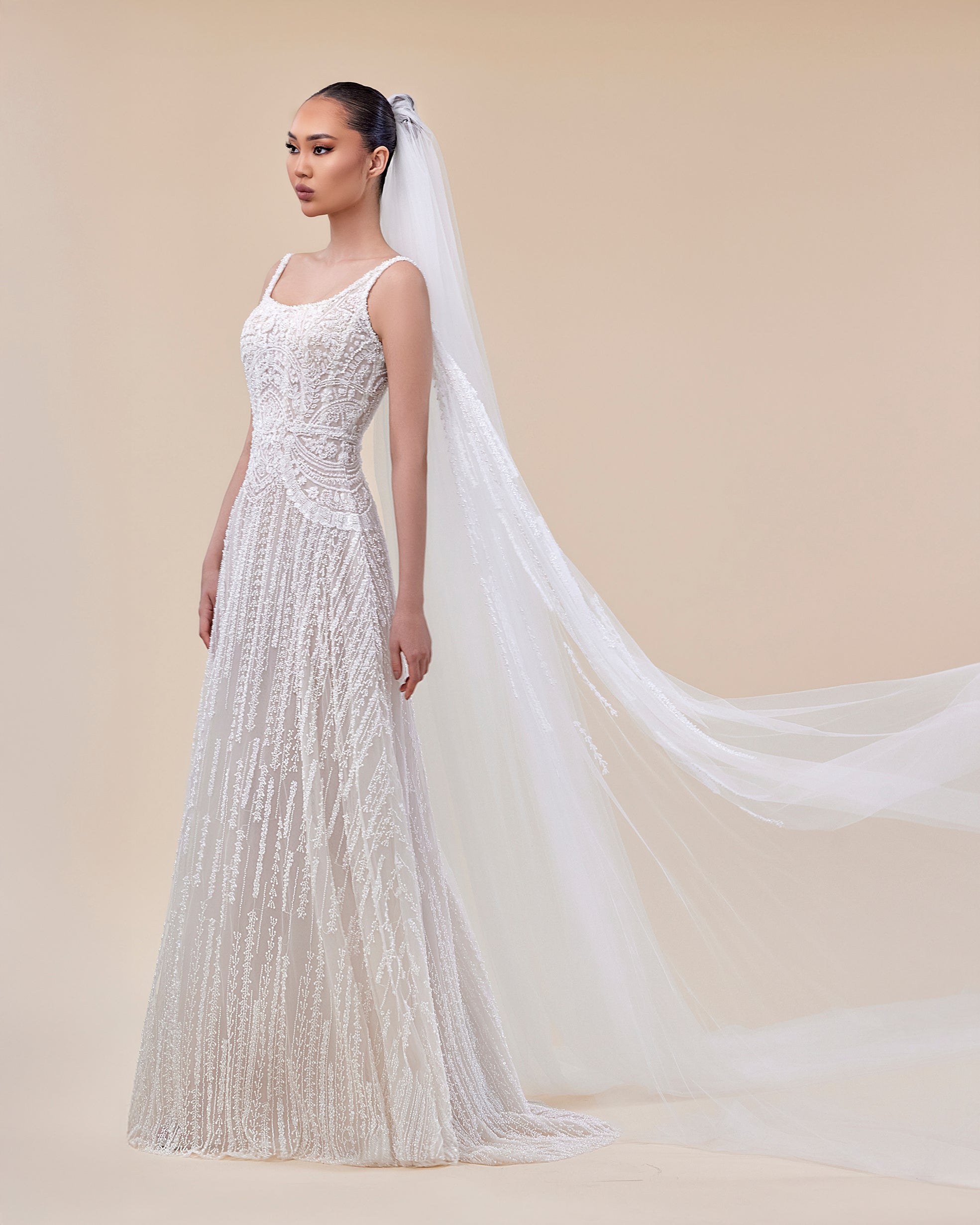 Sleeveless Bridal Gown with Pearl and Sequin Embroidery