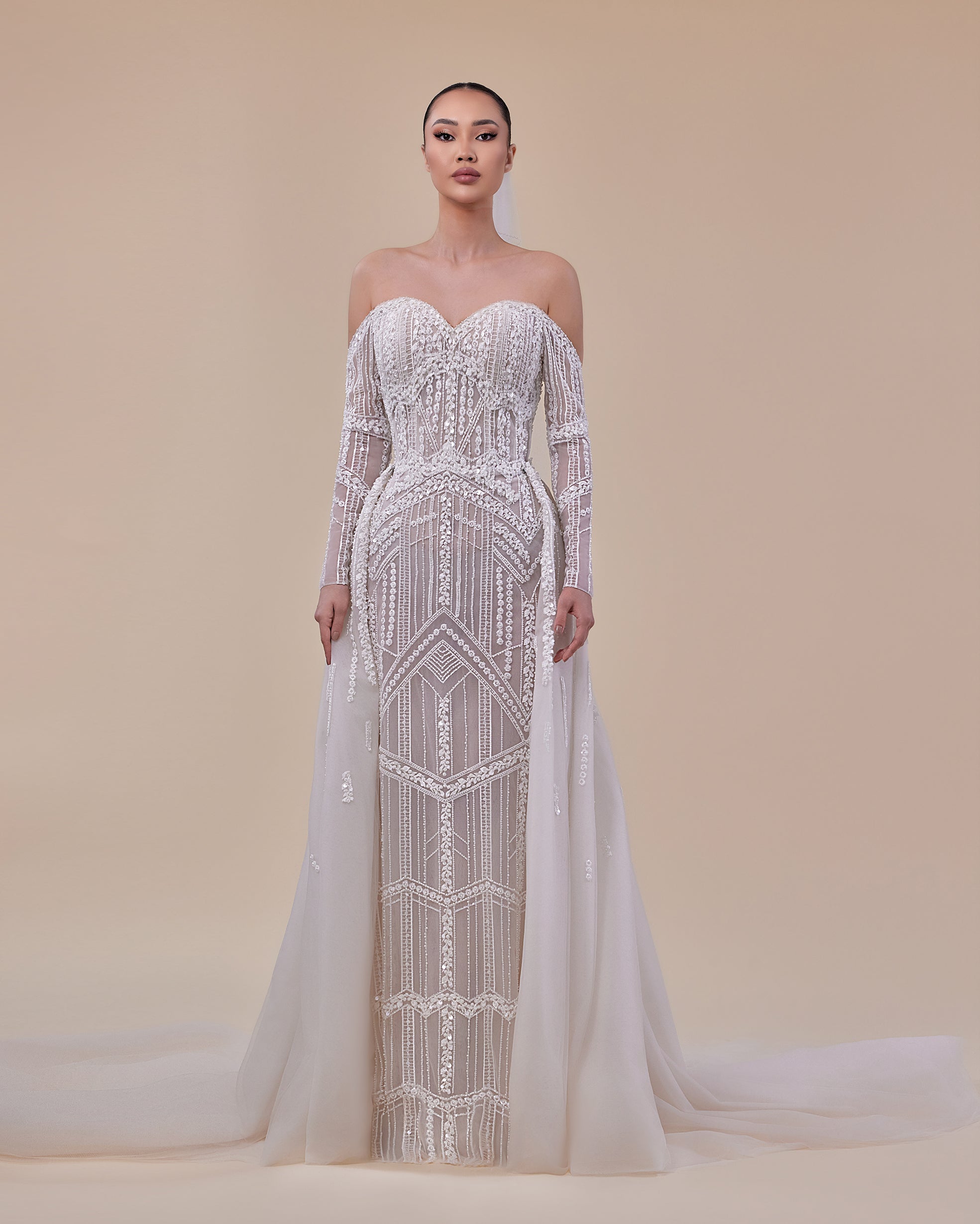 Off-Shoulder Sweetheart Bridal Gown with Geometric Embroidery