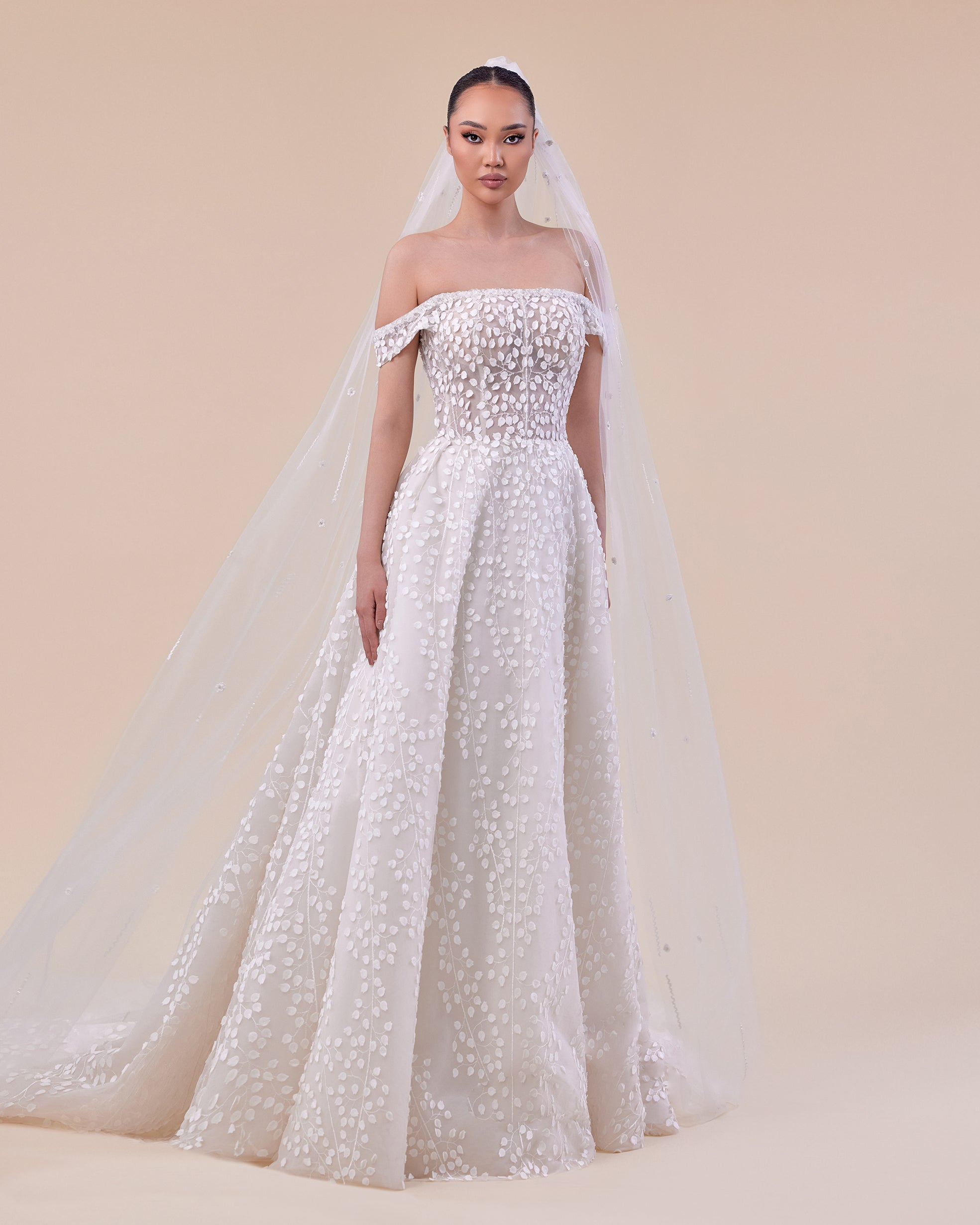 Princess cut Off-Shoulder Bridal Gown with 3D Leaf Embroidery