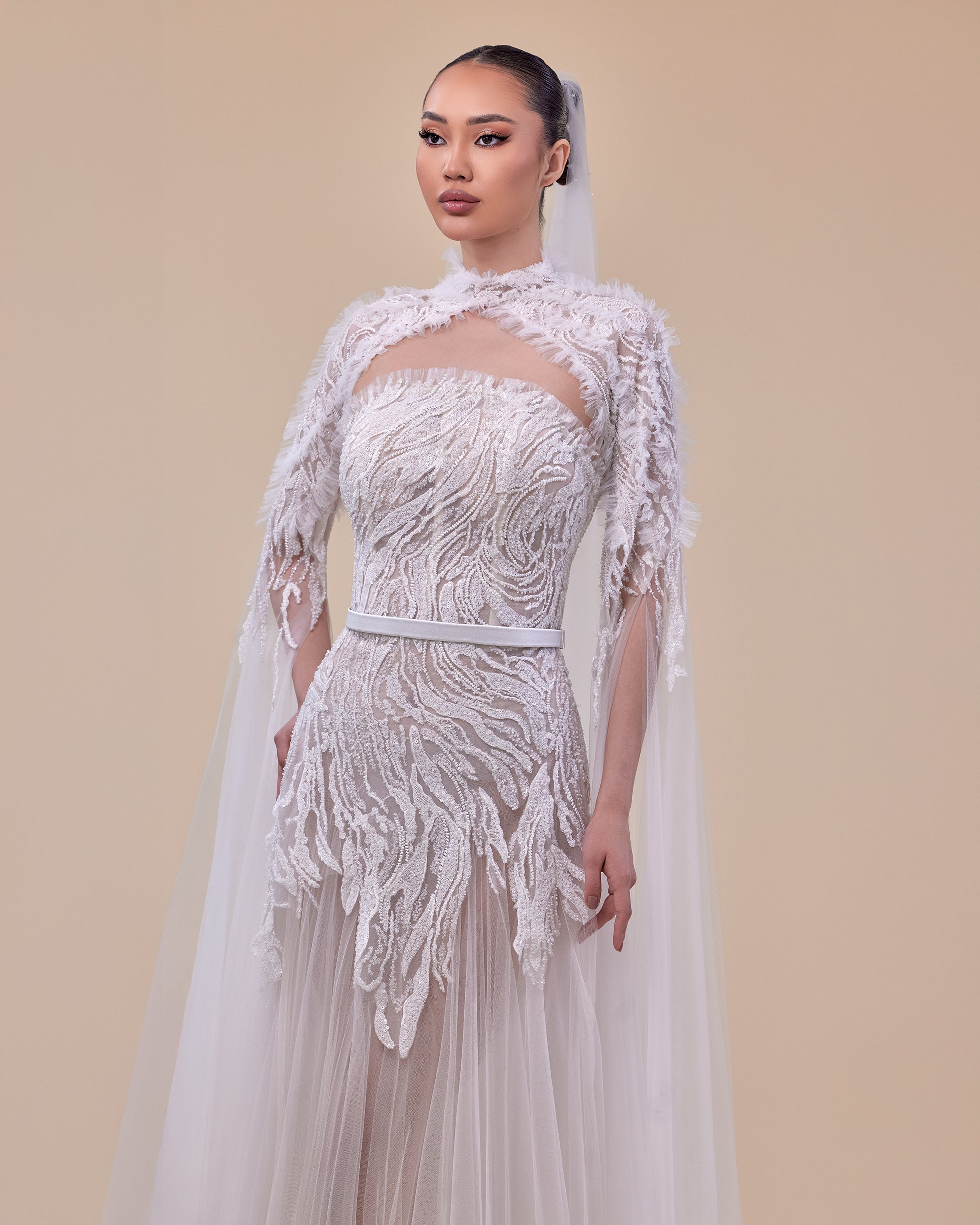 Strapless Embroidered Bridal Gown with High-Neck Cape