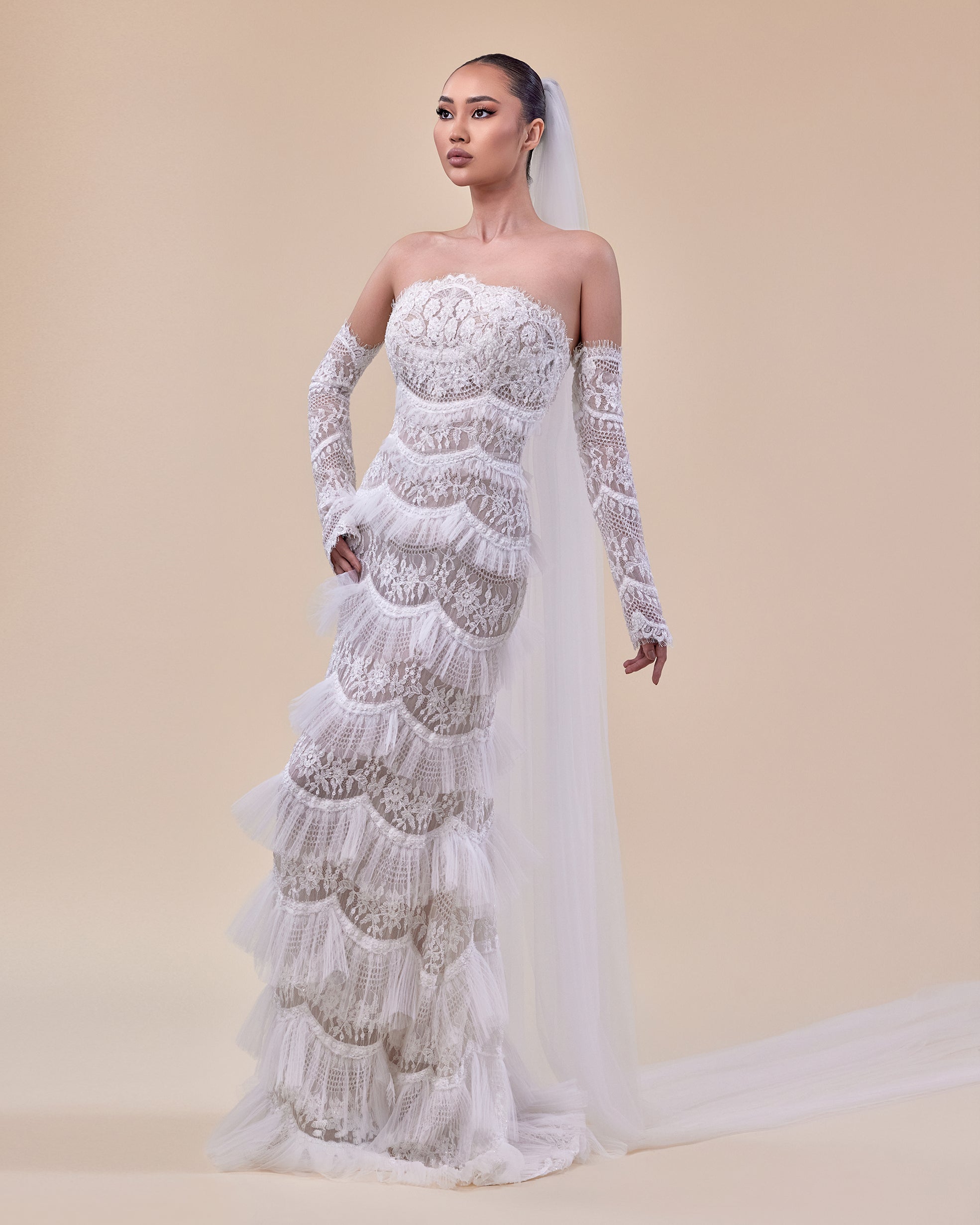 Mermaid Cut Lace Bridal Gown with Ruffled Off-Shoulder Sleeves