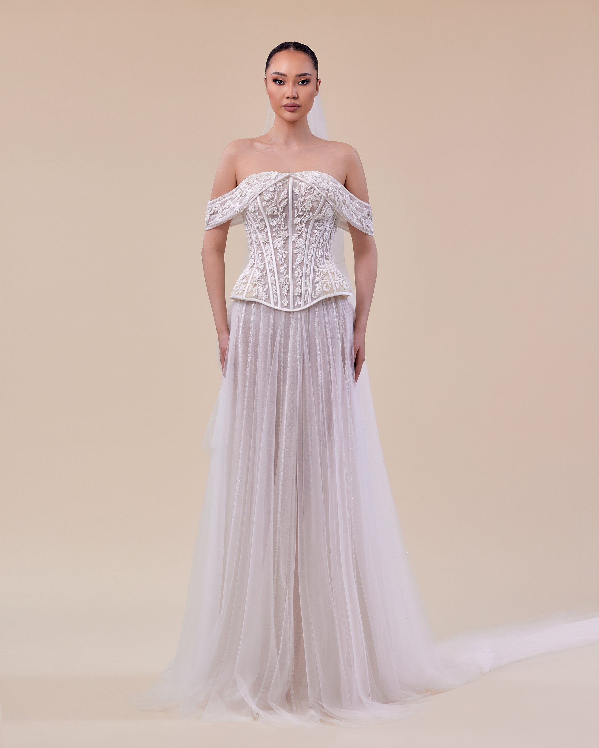 Two-Piece Tulle Bridal Gown with Off-Shoulder Embroidered Corse