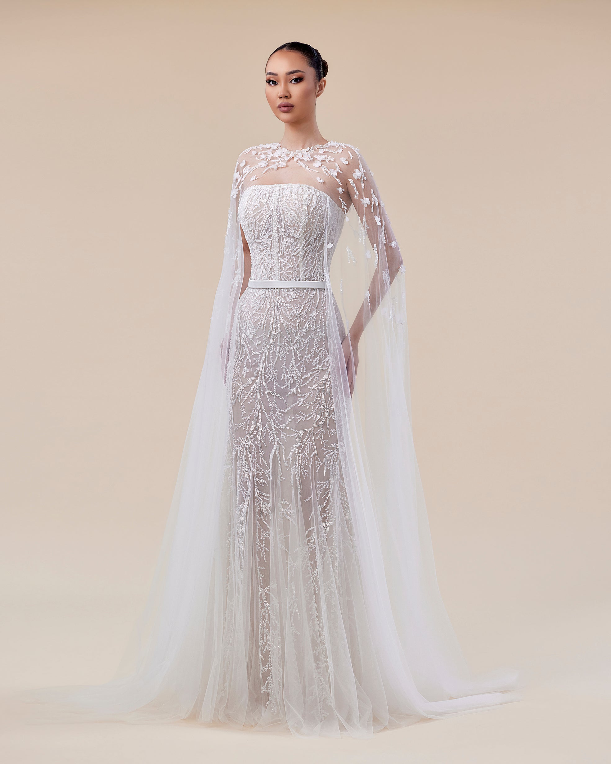 Fully Embroidered Tulle Bridal Gown with 3D Floral Cape