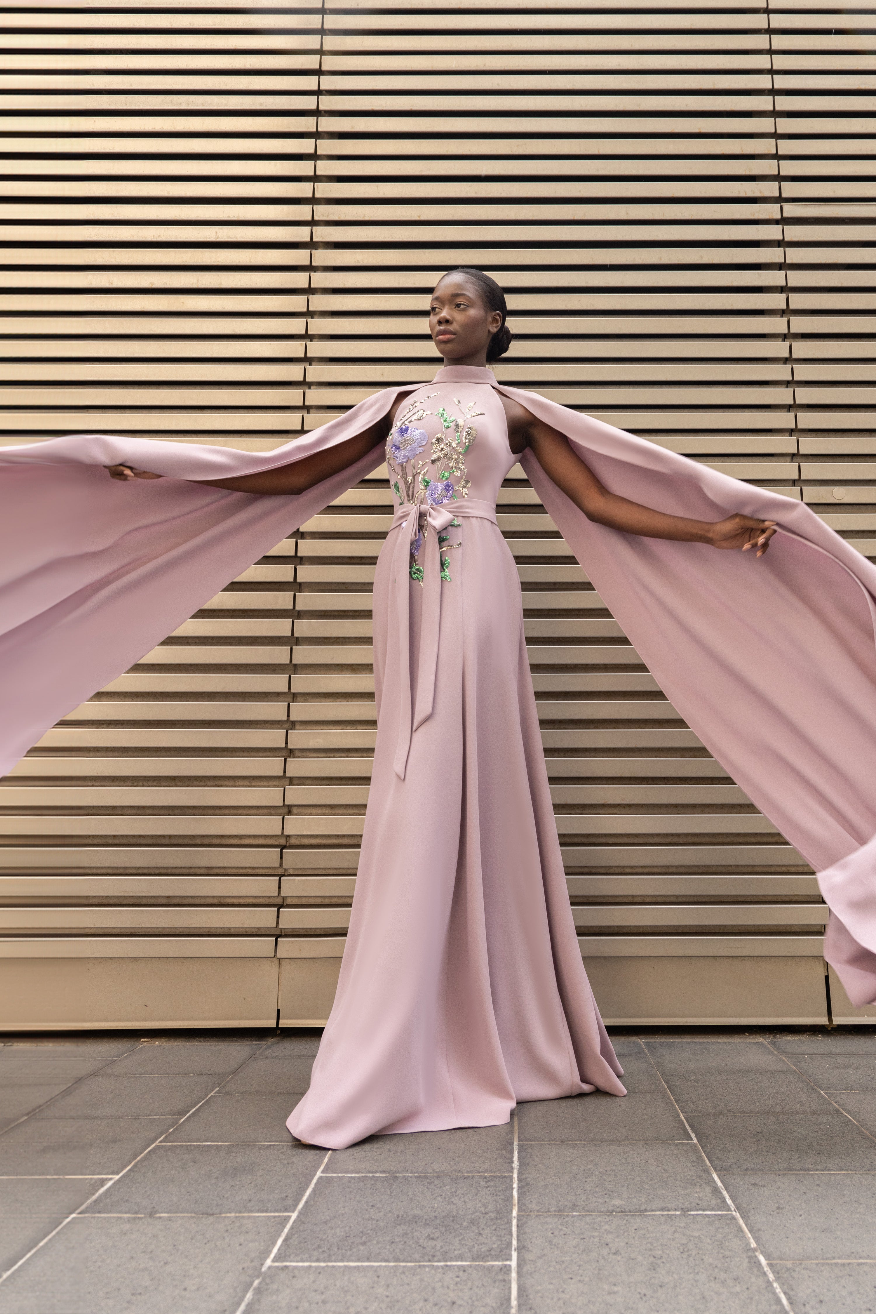 Floral Embroidered Cape Gown | 888