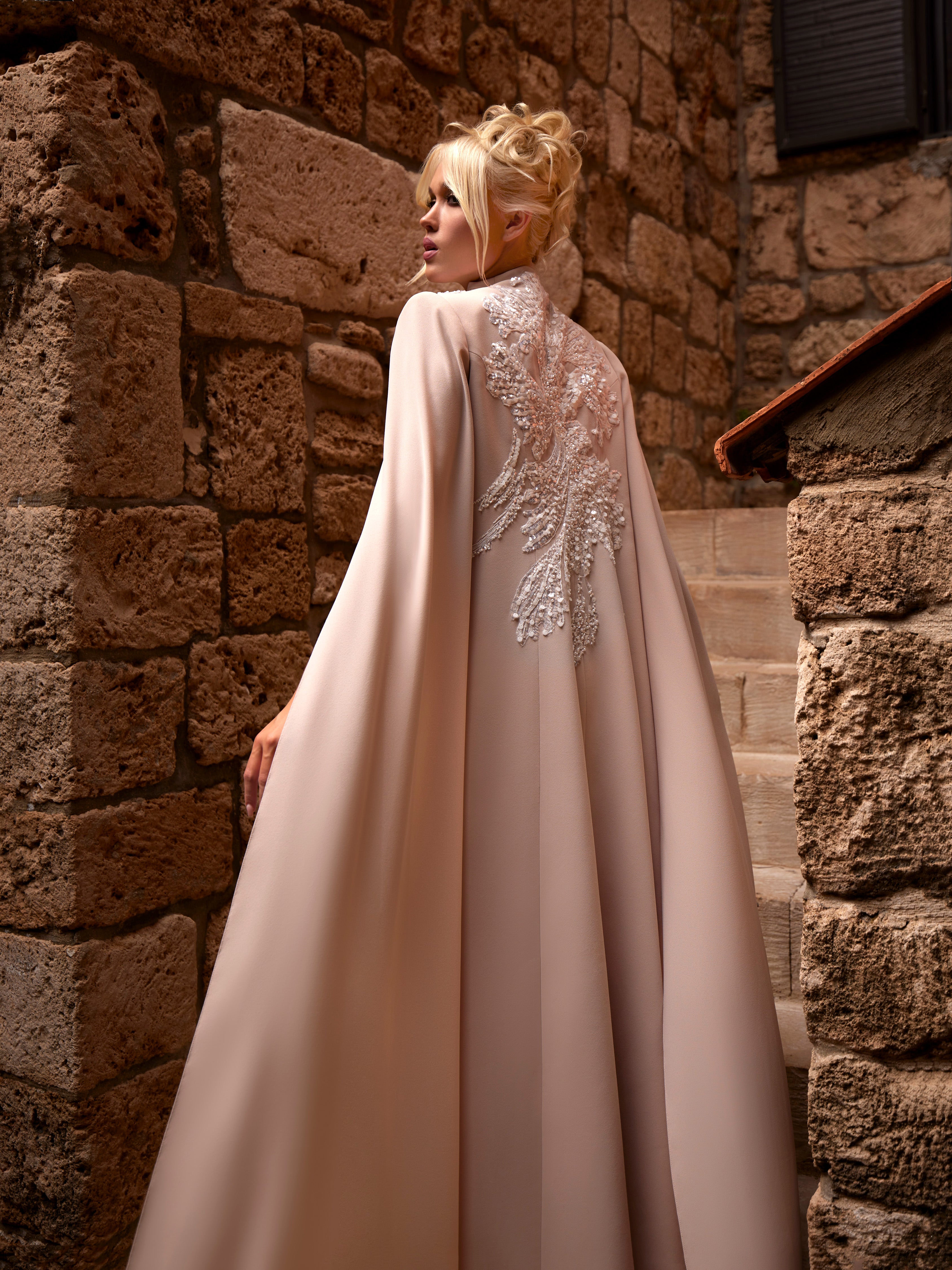 Fitted Dress with Embroidered Bodice and Cape Sleeves | 900