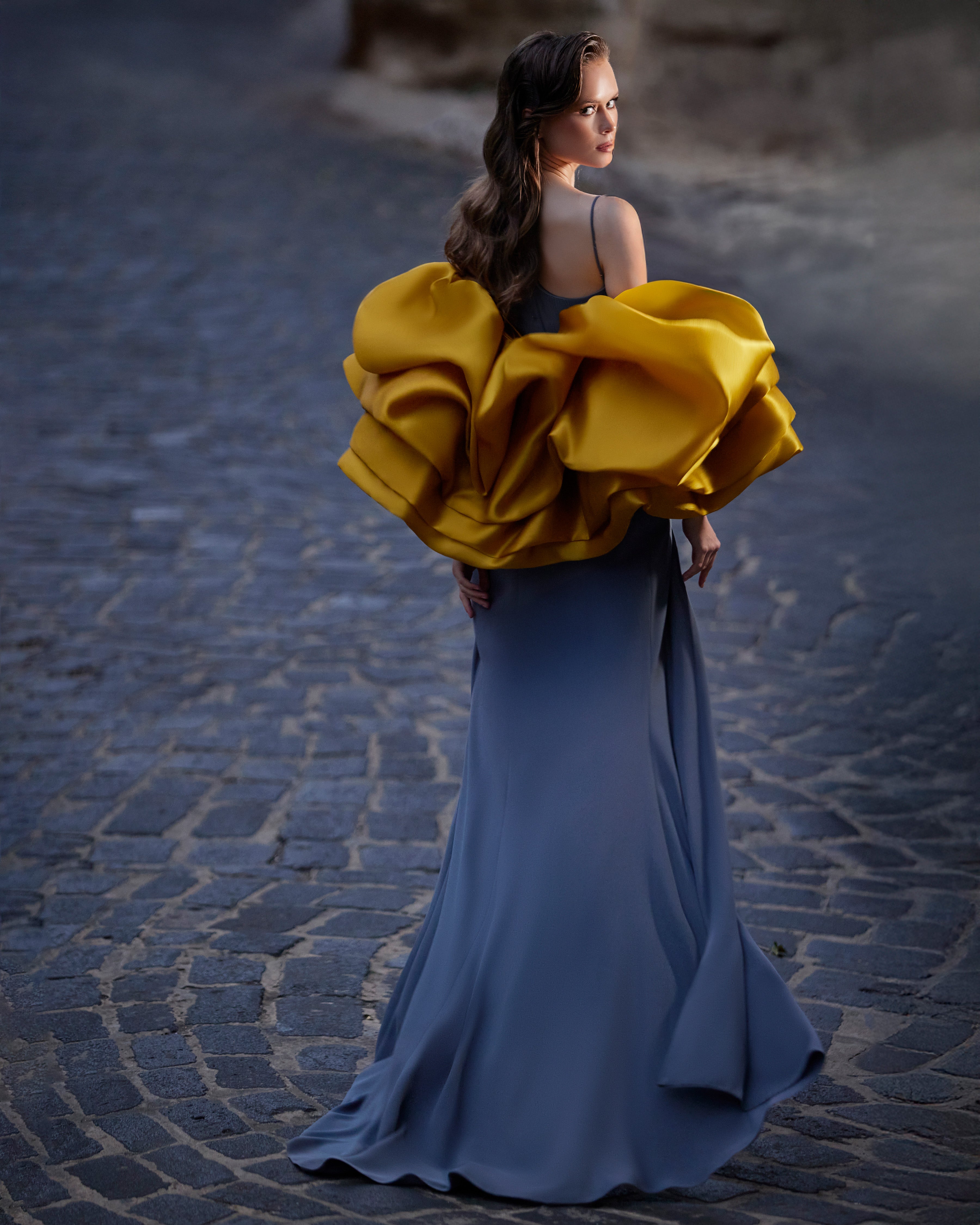 Asymmetrical Gown with Gold Statement Sleeves | 907