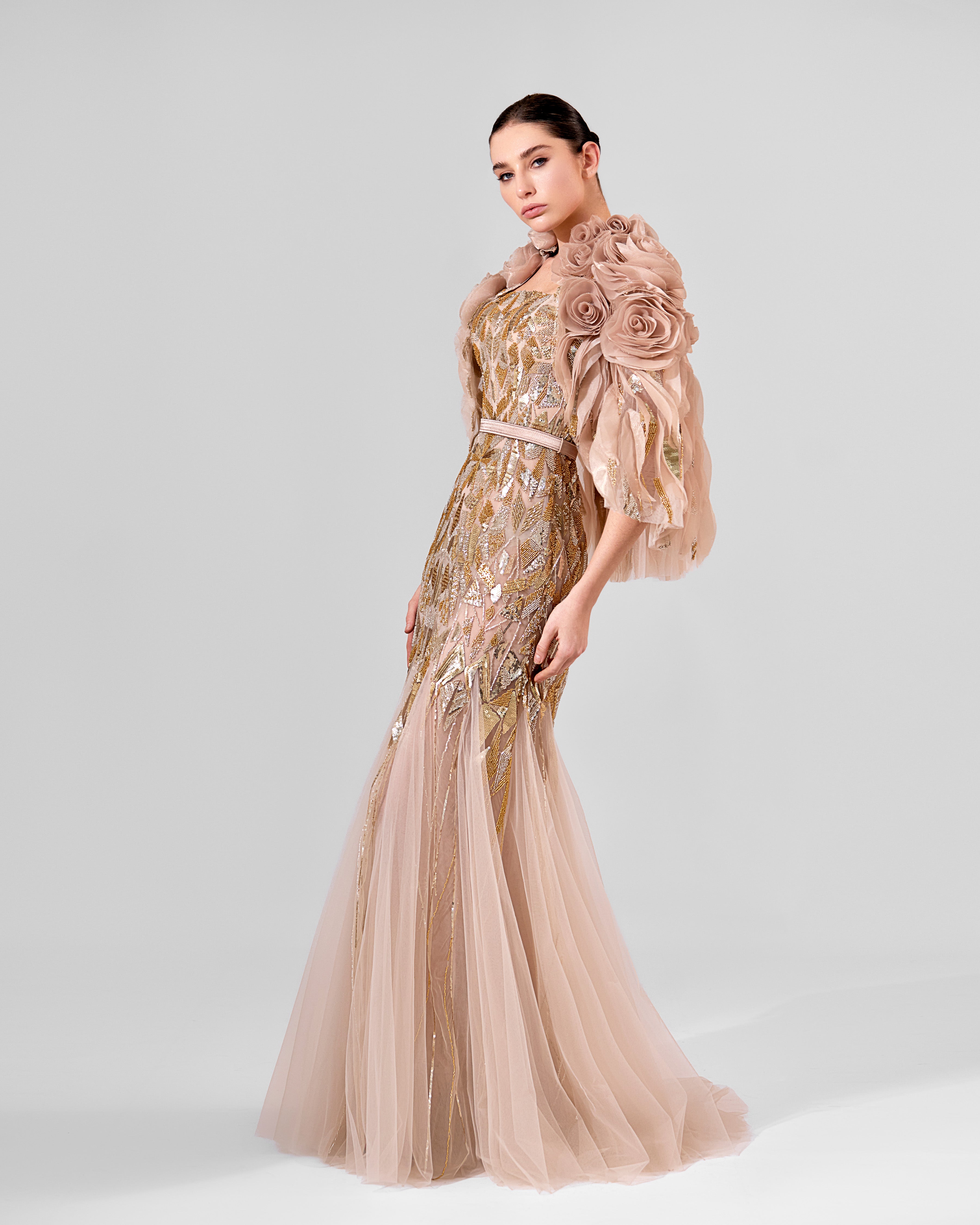 Embroidered Gown with 3D Floral Bolero | 944