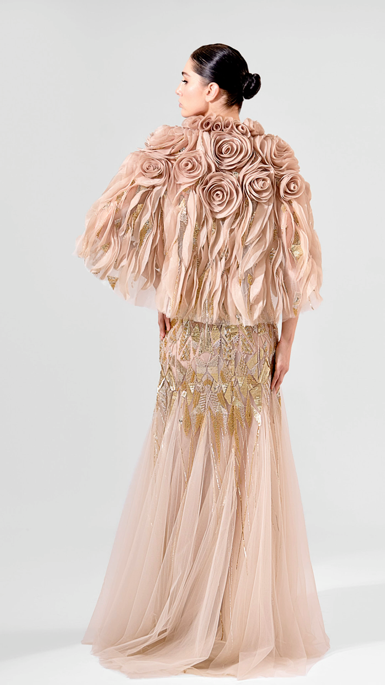 Embroidered Tulle Gown with Floral Cape | 944