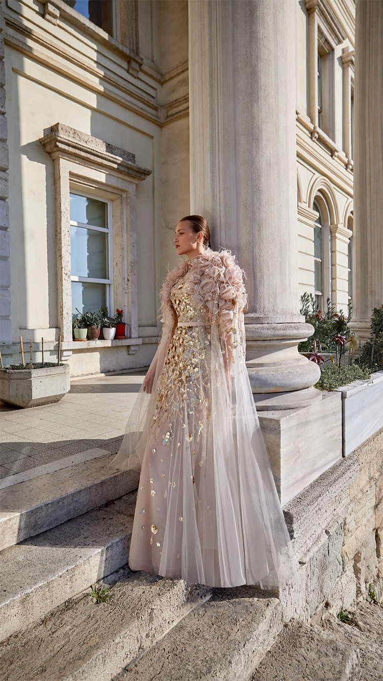 Tulle Gown with 3D Floral Cape and Embroidery | 953