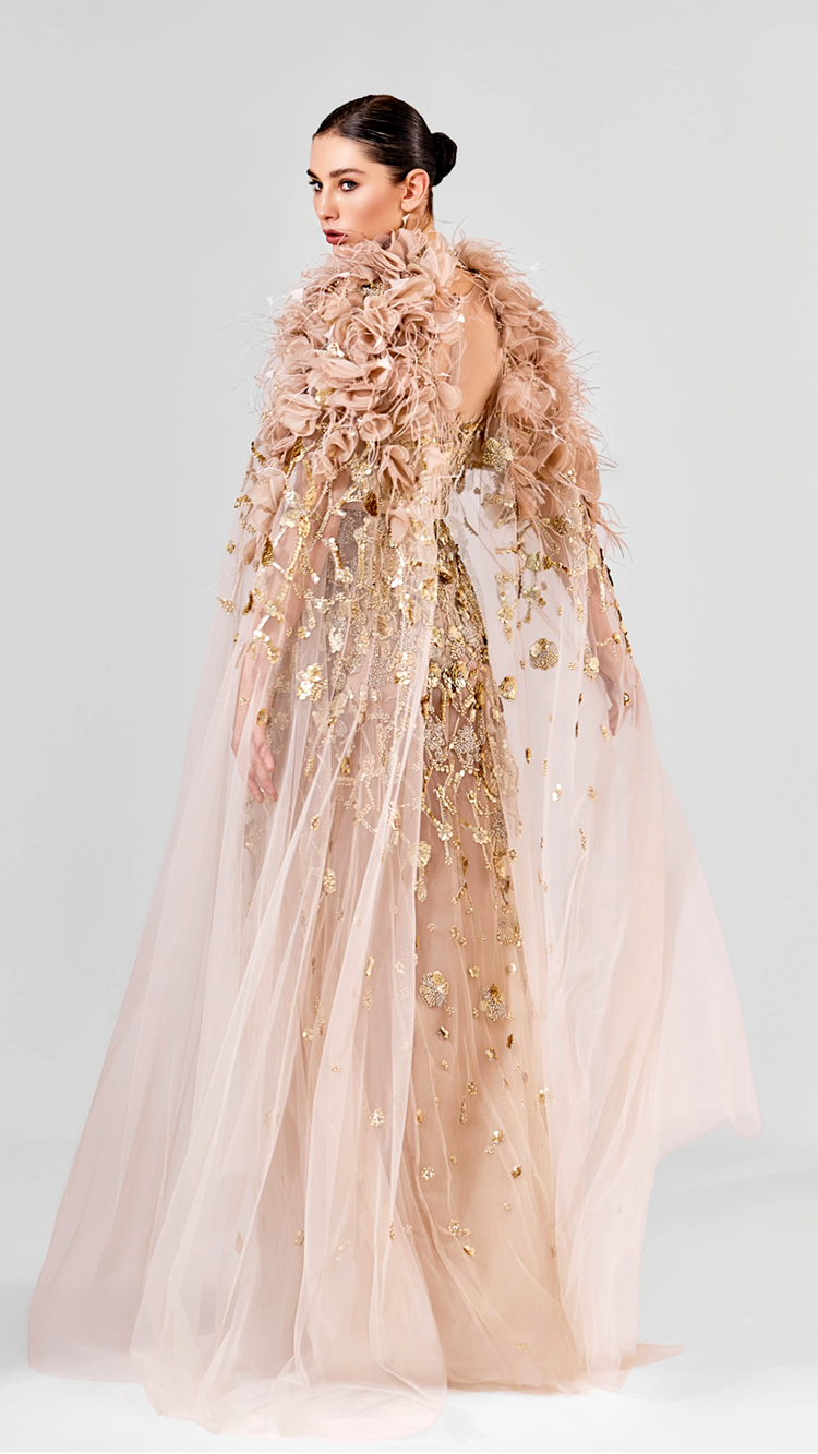 Tulle Gown with 3D Floral Cape and Embroidery | 953