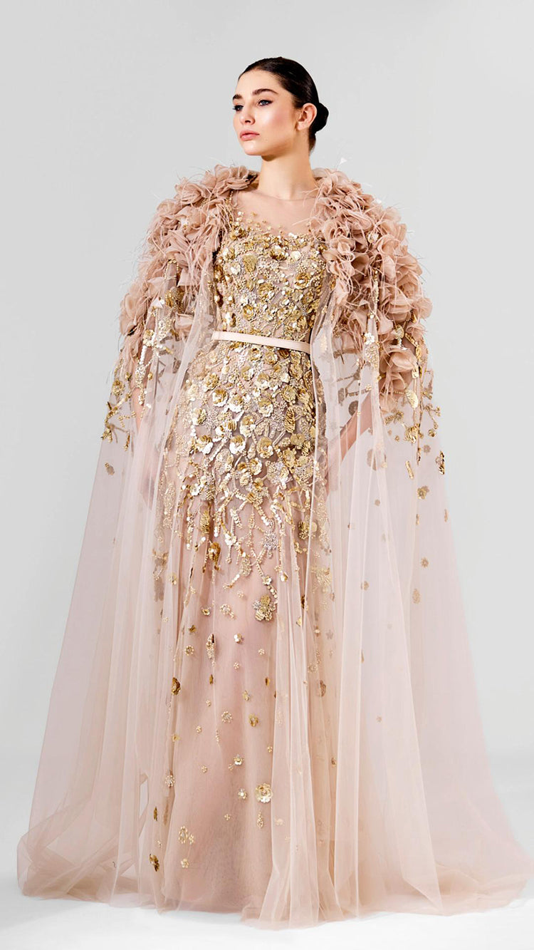 Tulle Gown with 3D Floral Cape and Embroidery | 953