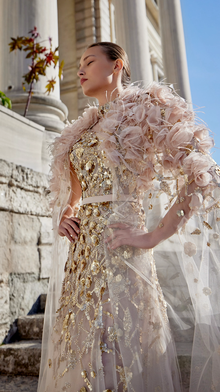Tulle Gown with 3D Floral Cape and Embroidery | 953
