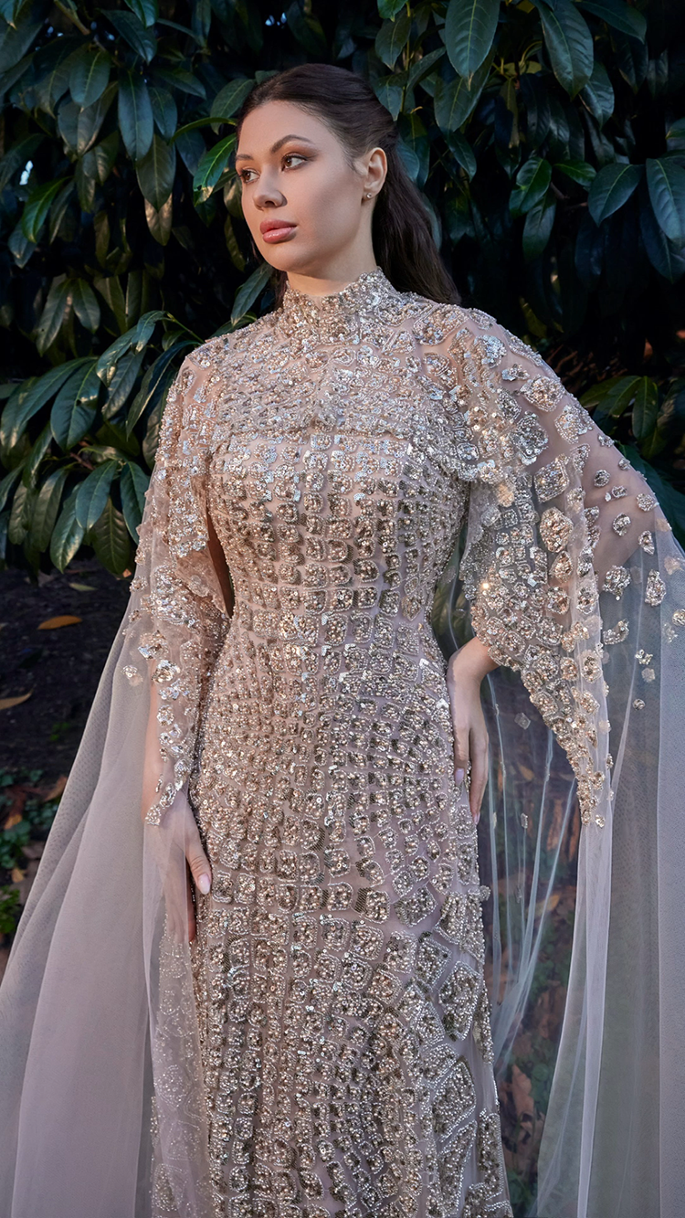 Fully Embroidered Gown with Long Embroidered Cape | 965