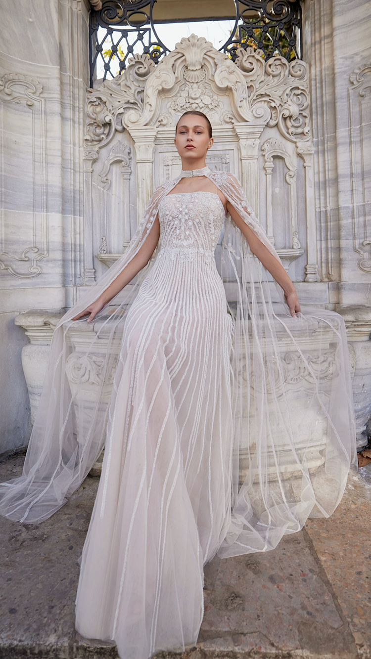 Strapless Fully Embroidered Tulle Gown with Cape | 982