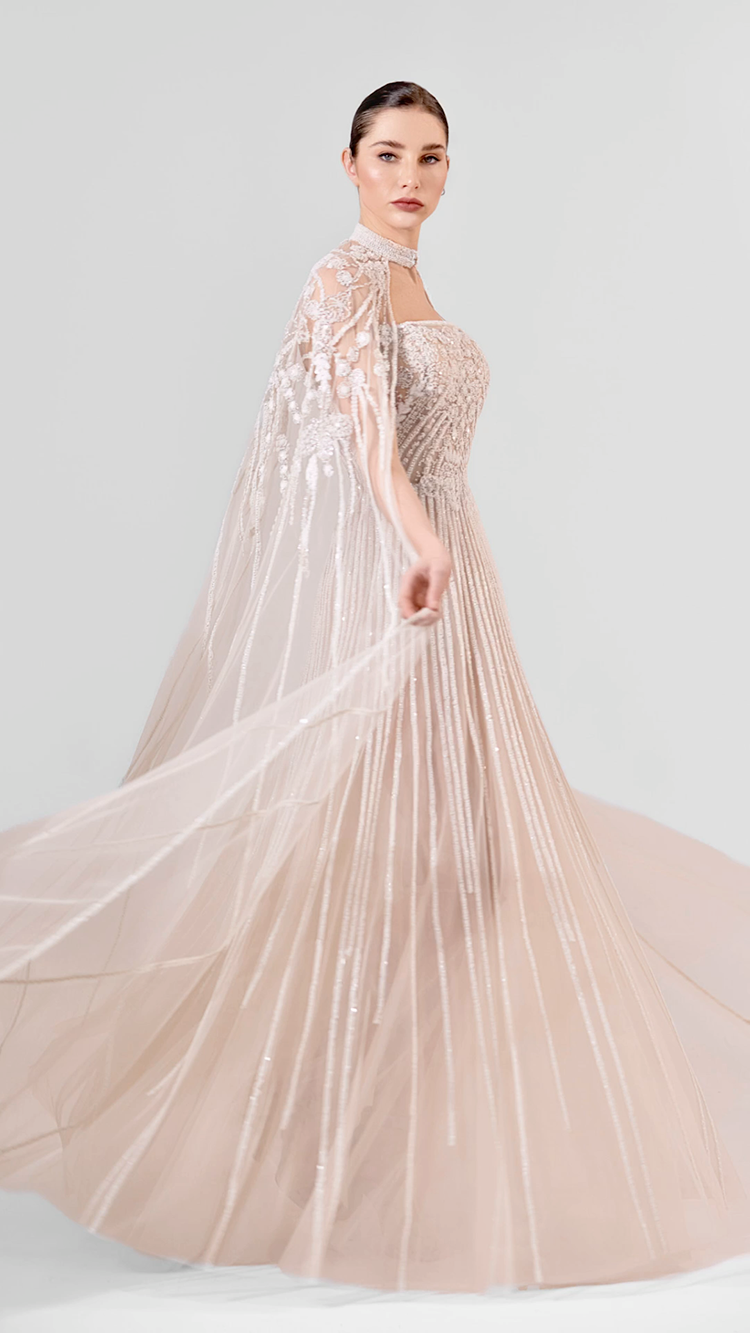 Strapless Fully Embroidered Tulle Gown with Cape | 982