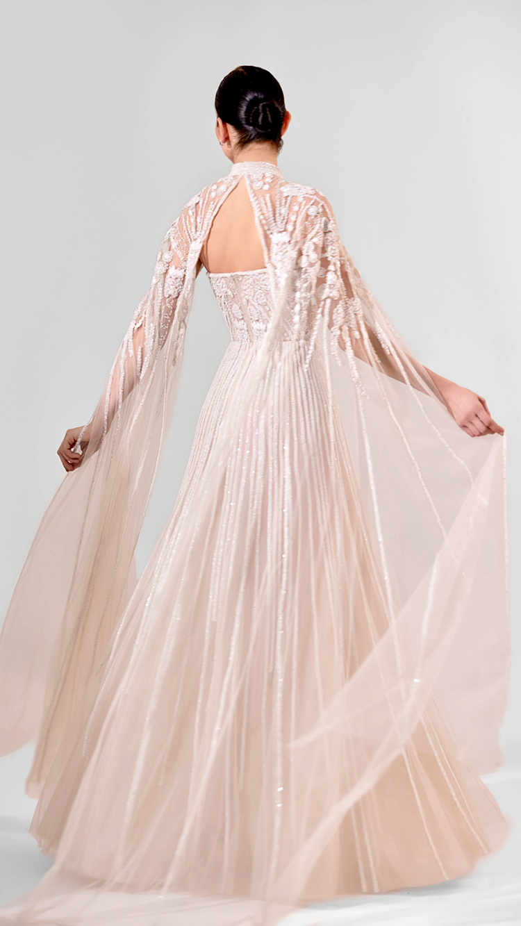 Strapless Fully Embroidered Tulle Gown with Cape | 982