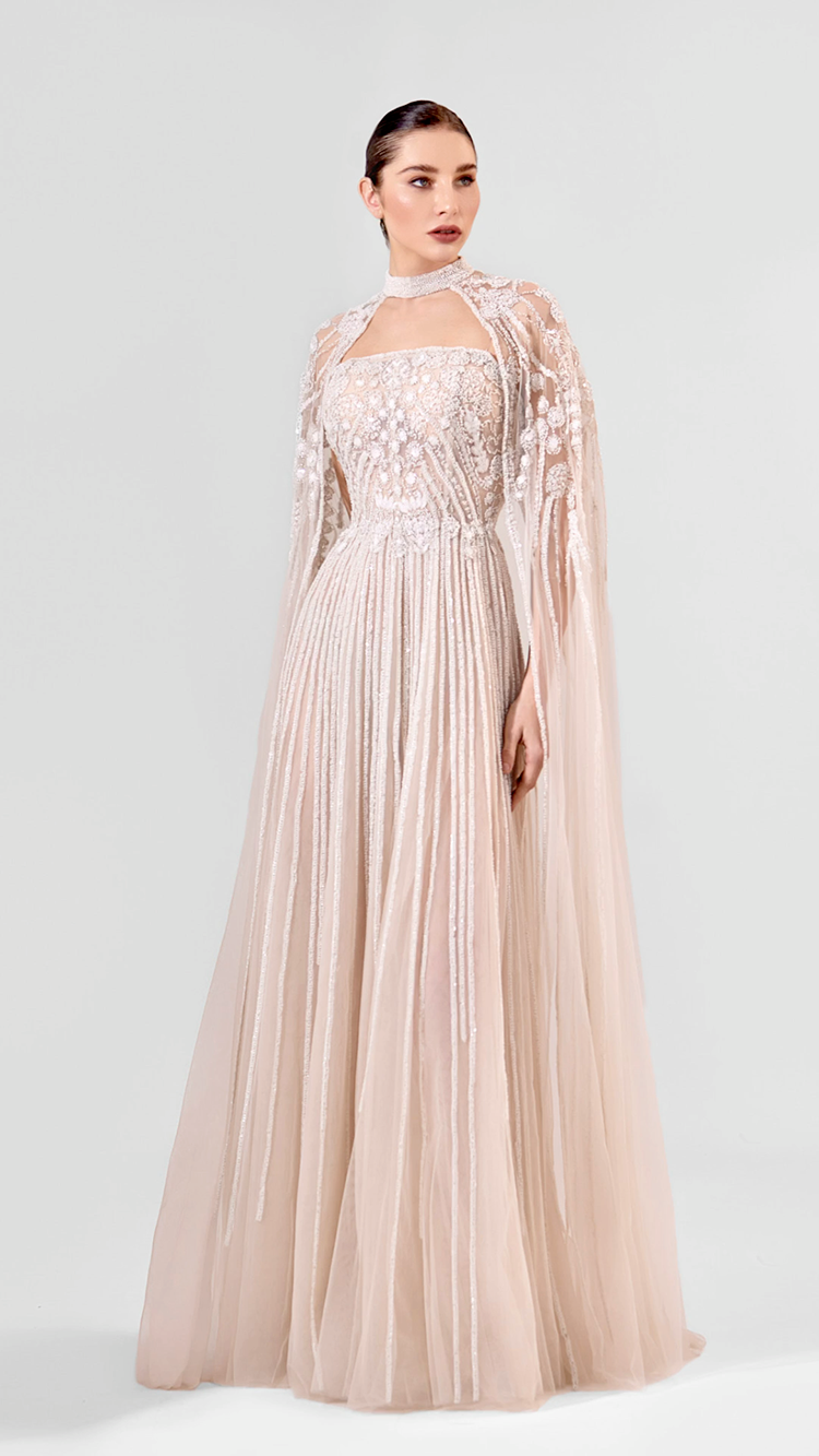 Strapless Fully Embroidered Tulle Gown with Cape | 982