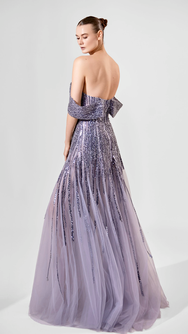 Off-Shoulder Gown with Embroidered Tulle | 988